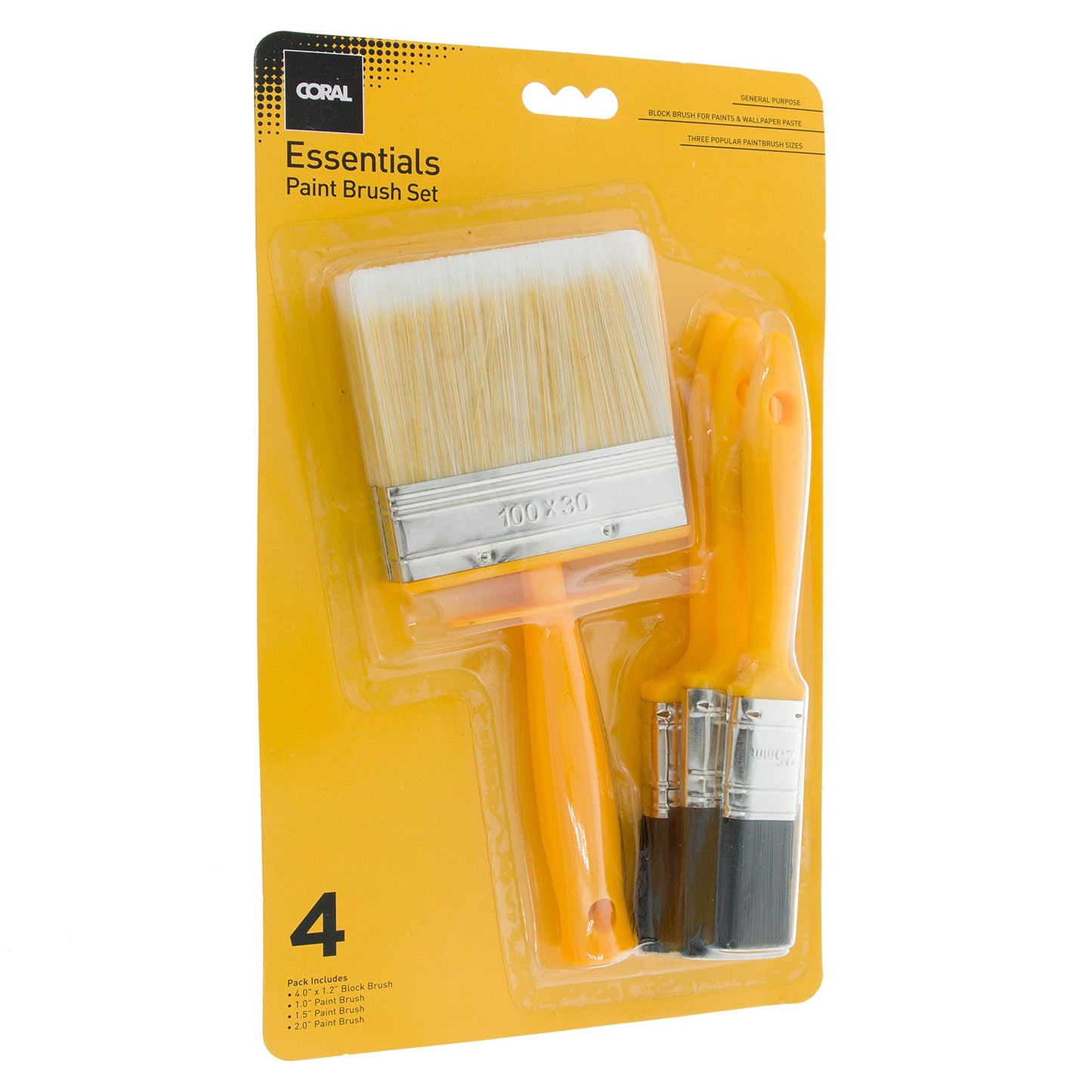 Coral 31310 Essentials Paint Brushes with a Block Brush and Flat Paintbrushes 4 piece pack set