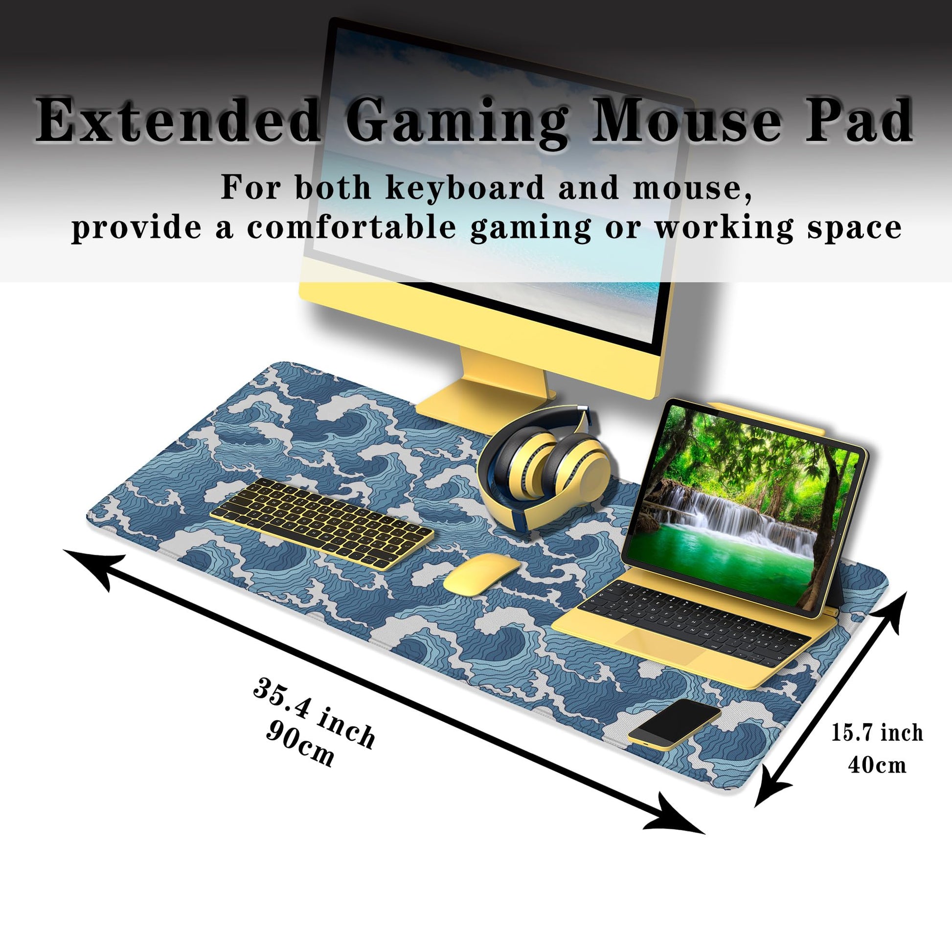 Samgula Large Desk Pads Blue and White Desktop Pad, Pc Mouse Pad Keyboard Mat, Desk Pad Gaming