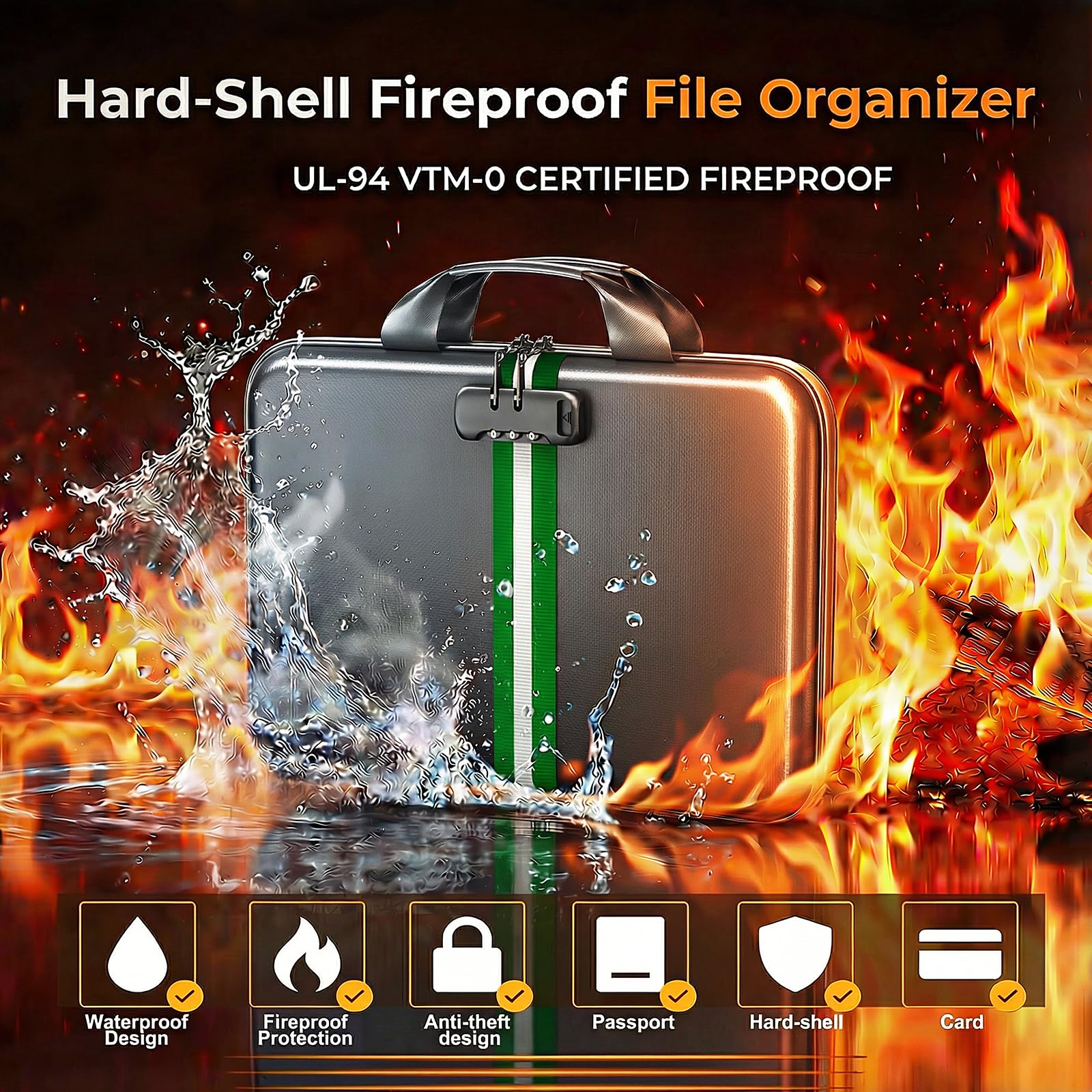 IPYIPY Fireproof Document Organizer with Lock, Semi-Rigid EVA Shell File Box with 13-Pocket