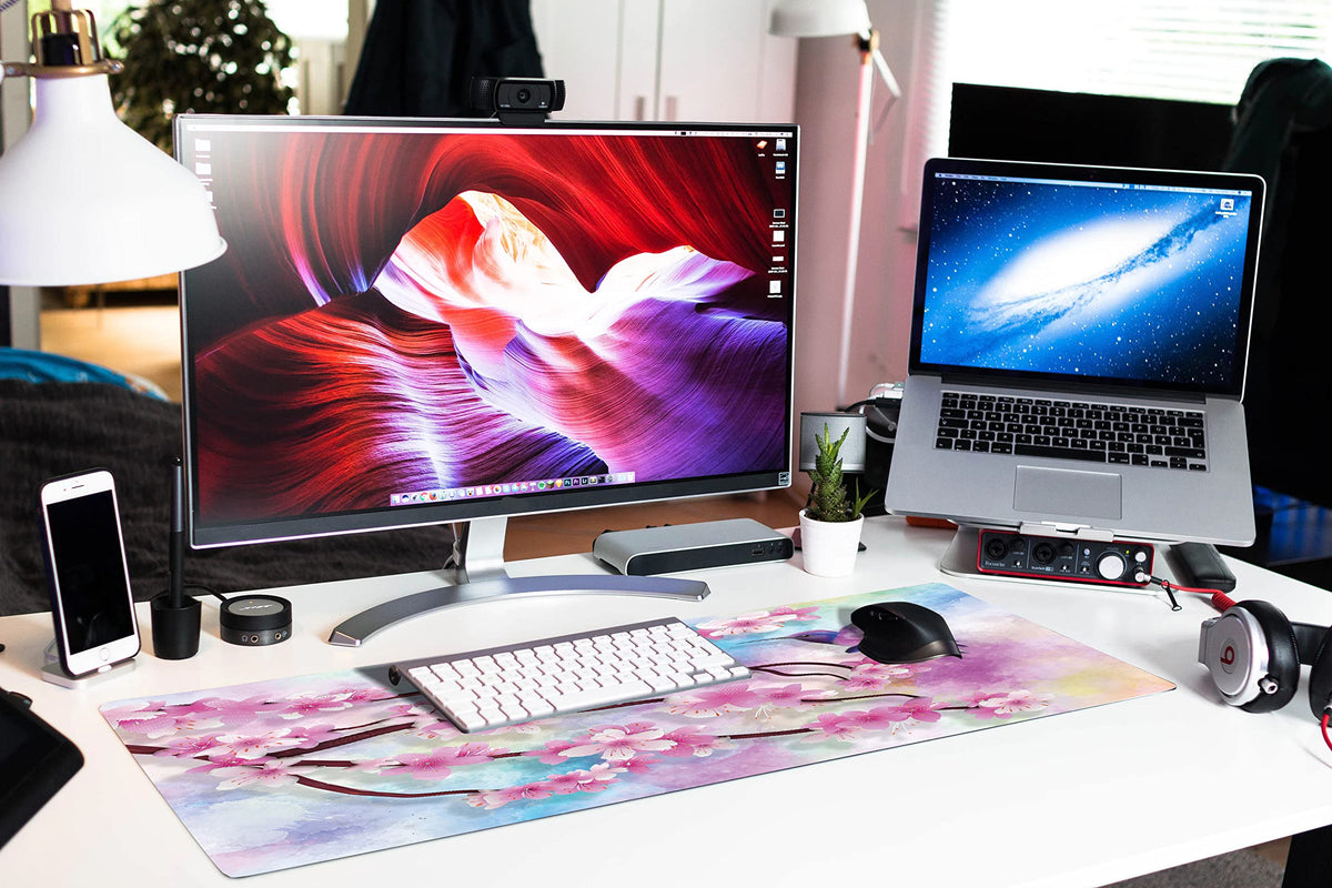 Extended Large Gaming Mouse Pad Spring Peach Blossoms and Hummingbirds XXL Size Keyboard Mouse Mat