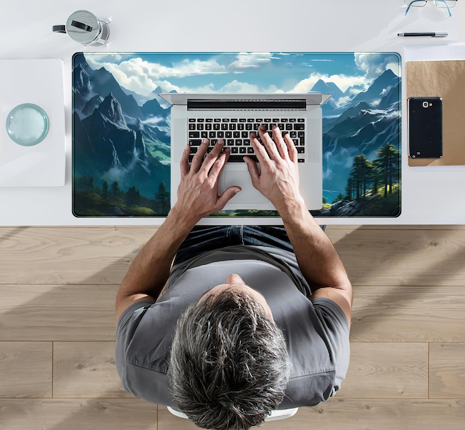 Aesthetic Mountain Vista Desk Mat, Blue Natural Wonder XXL Large Extended Gaming Mouse Pad Mat