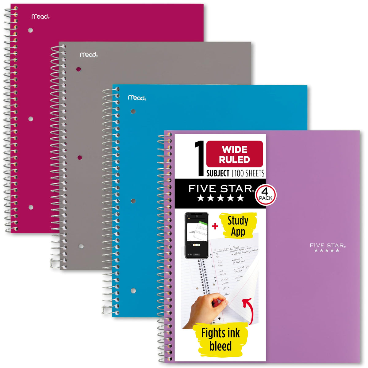 Five Star Spiral Notebook + Study App, 4 Pack, 1 Subject, Wide Ruled Paper, 8" x 10-1/2", 100