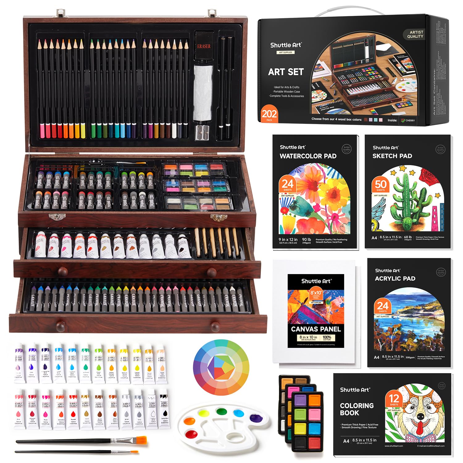 Shuttle Art Deluxe Gift Art Kit, 202-Piece Wooden Art Supplies Set with 4 Drawing Pads, Canvases