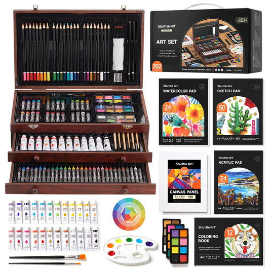 Shuttle Art Deluxe Gift Art Kit, 202-Piece Wooden Art Supplies Set with 4 Drawing Pads, Canvases
