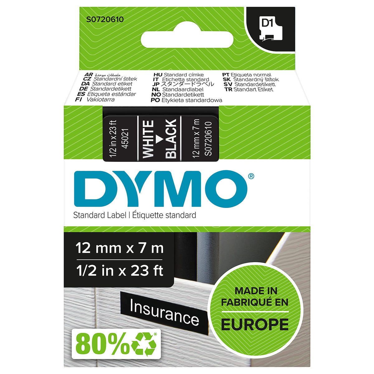DYMO DYMS0720610 12 mm x 7 m D1 45021 Cartridge Tape - White on Black