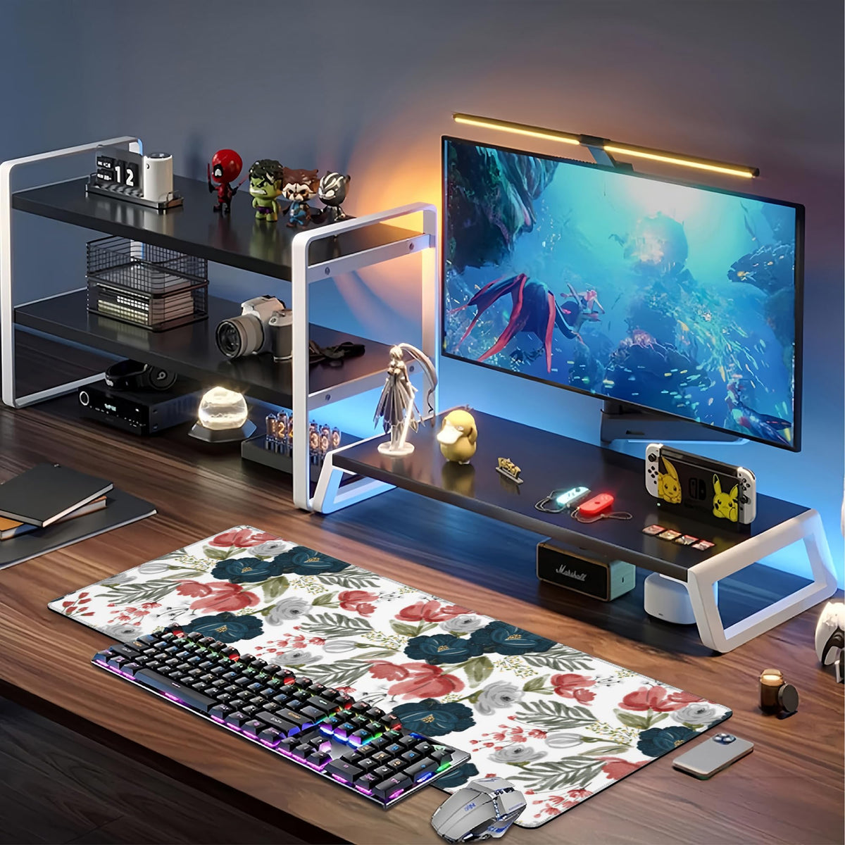 Watercolor Flowers Desk Mat,Large Colorful Floral Gaming Keyboard Mouse Pad,Non-Slip Rubber Base