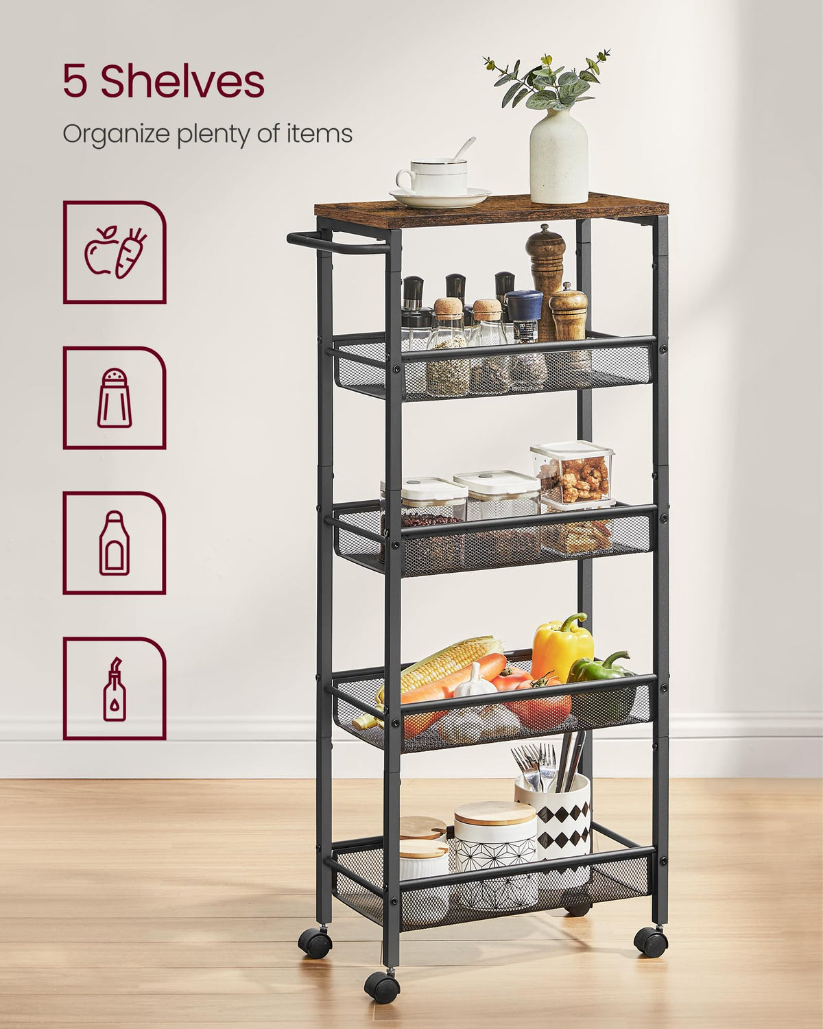 VASAGLE 5-Tier Slim Rolling Storage cart with Wheels, 8.7 Inches, Metal