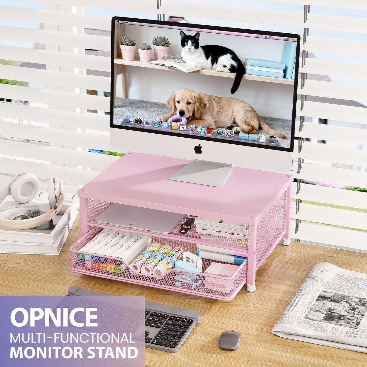 OPNICE Computer Monitor Stand Riser, Desk Organizer with Drawer, Printer & Laptop Stand, Office