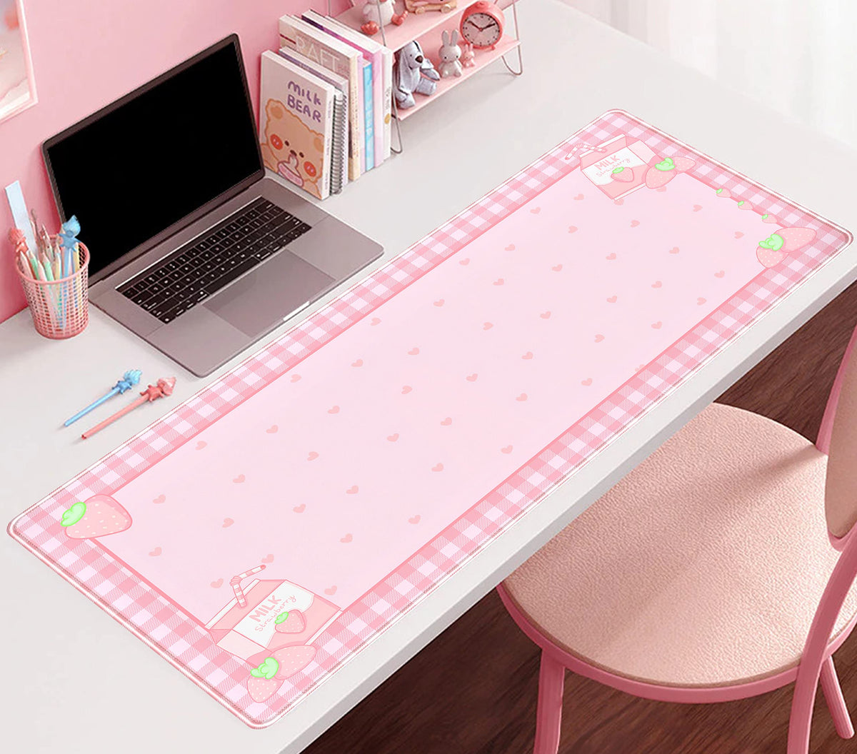 Cute Pink Plaid Desk Mats Strawberry Milk Gaming Desk Pad, Kawaii Extended Mouse Pad Kawaii Large
