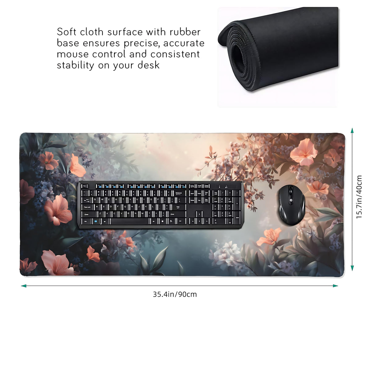 Cute Floral Aesthetic Azalea Gaming Mouse Pad, Ink Blue Red Dreamy Desk Mat with Anti-Slip Base &