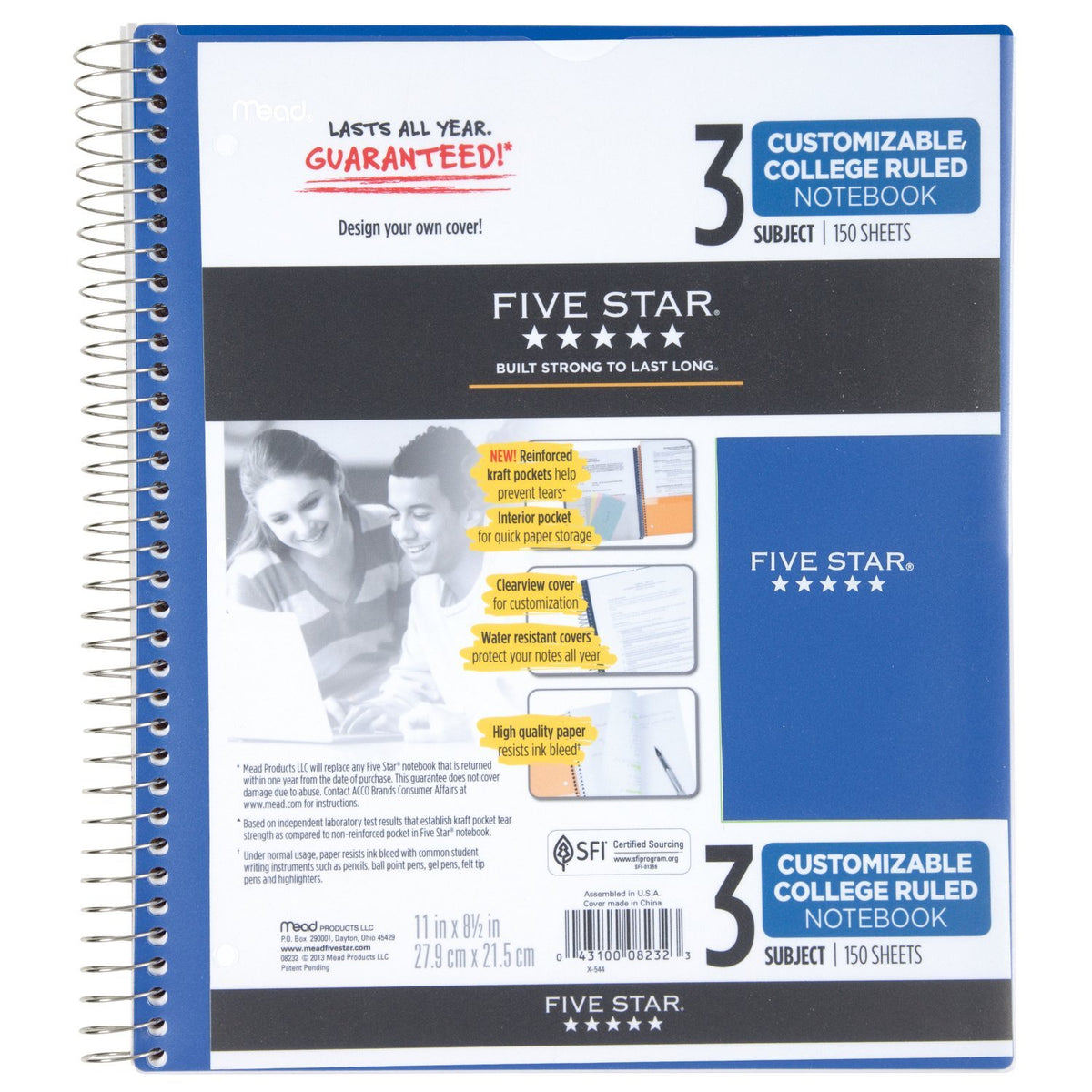 Five Star Spiral Notebook, 3 Subject, College Ruled Paper, 150 Sheets, 11" x 8-1/2", Customizable