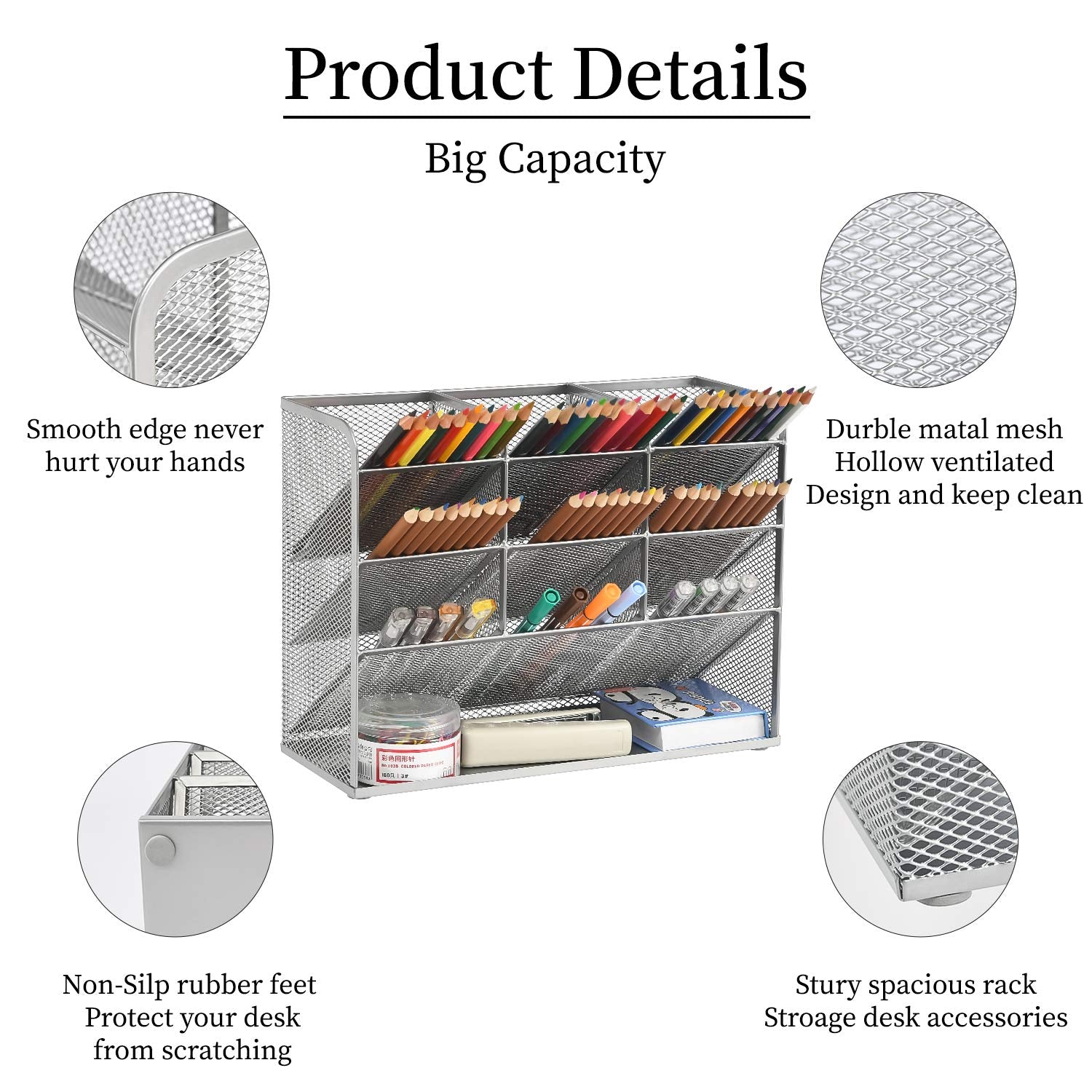 Marbrasse Mesh Desk Organizer, Multi-Functional Pen Holder, Desktop Stationary Organizer, Storage