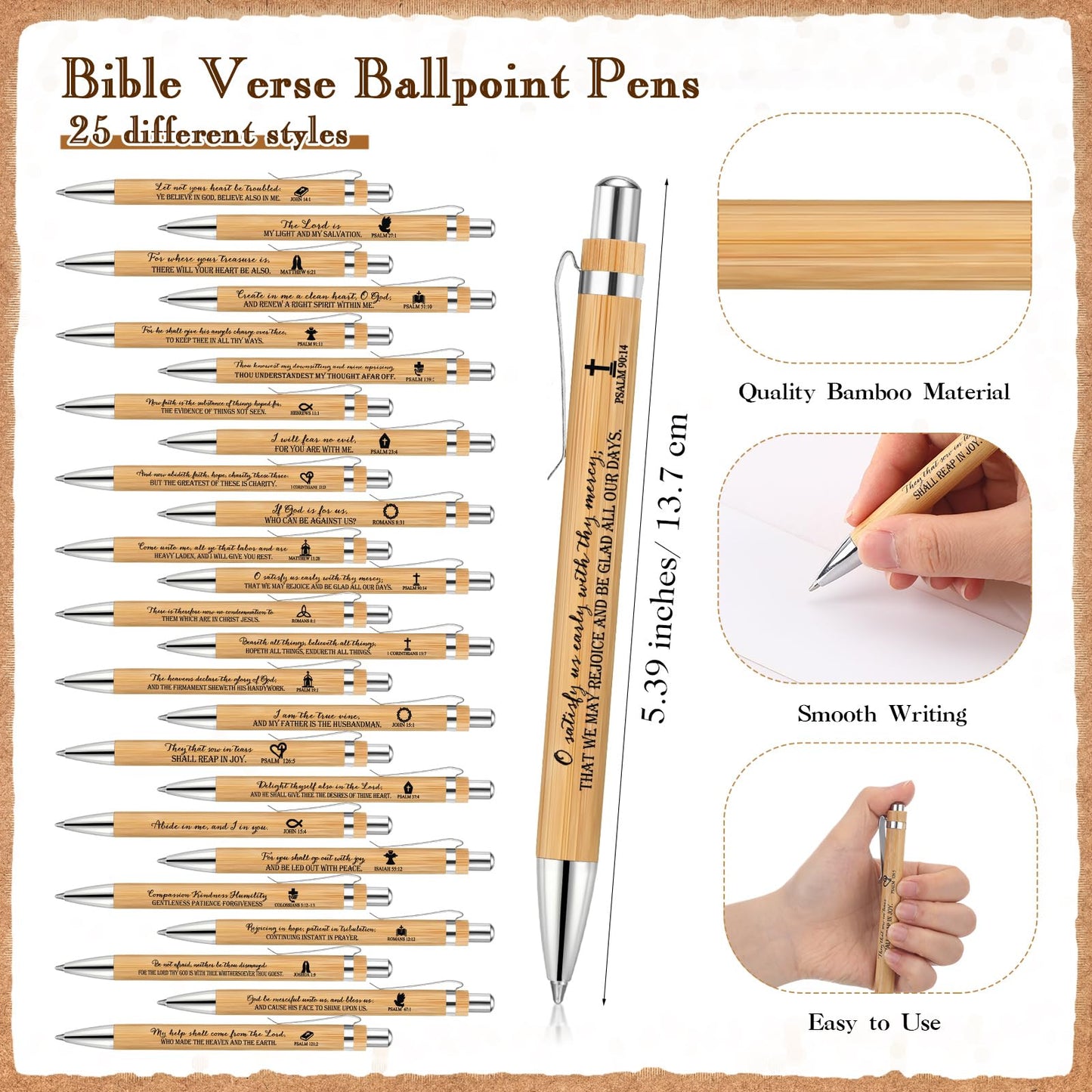 Feifeiya 25 Sets Christian Bulk Pens Bamboo Bible Verse Keychain Bookmark