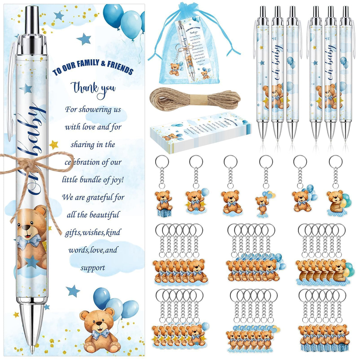 145 Pieces Baby Shower Favors for Guest Blue Teddy Bear Ballpoint Pens and Keychains Gifts for Boys