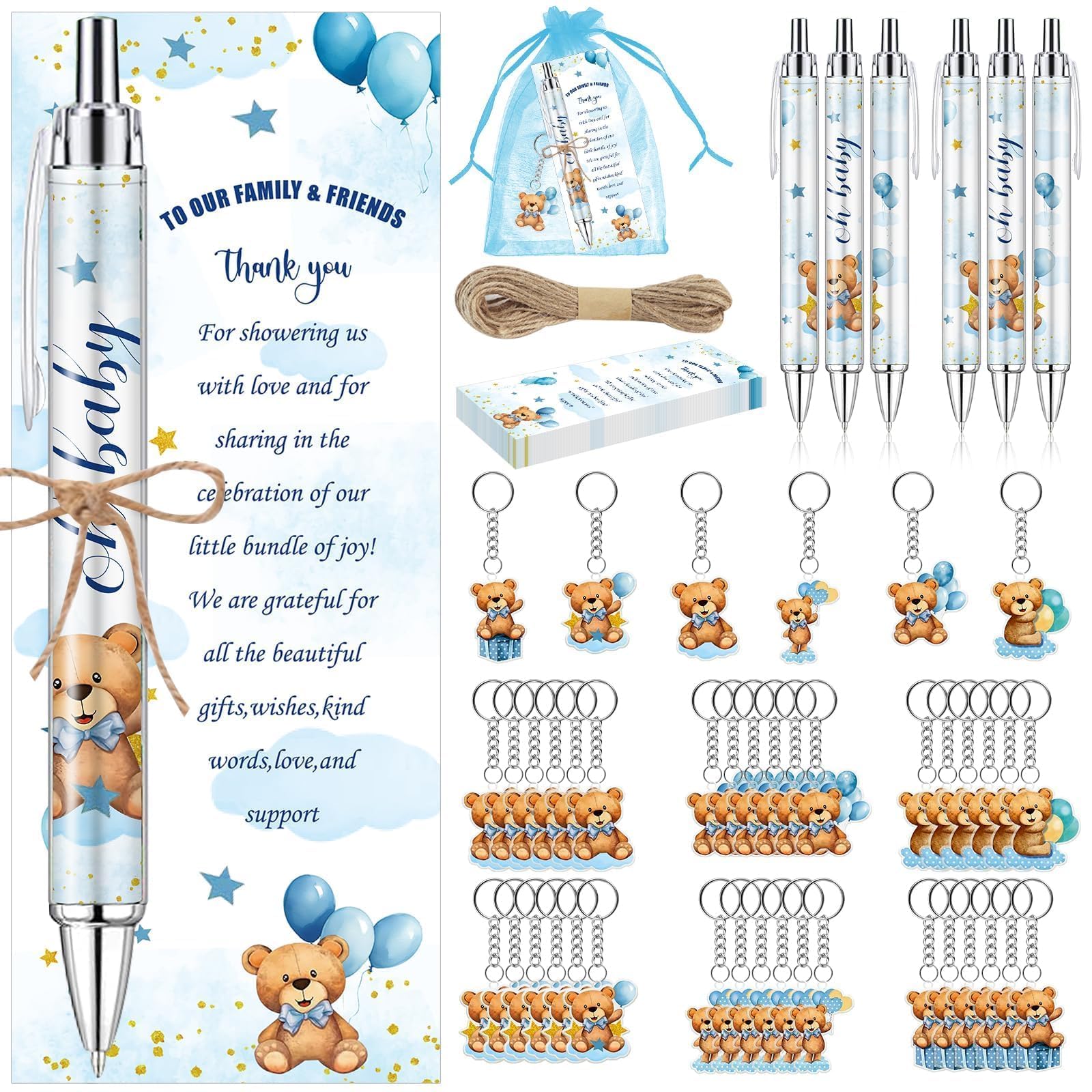 145 Pieces Baby Shower Favors for Guest Blue Teddy Bear Ballpoint Pens and Keychains Gifts for Boys