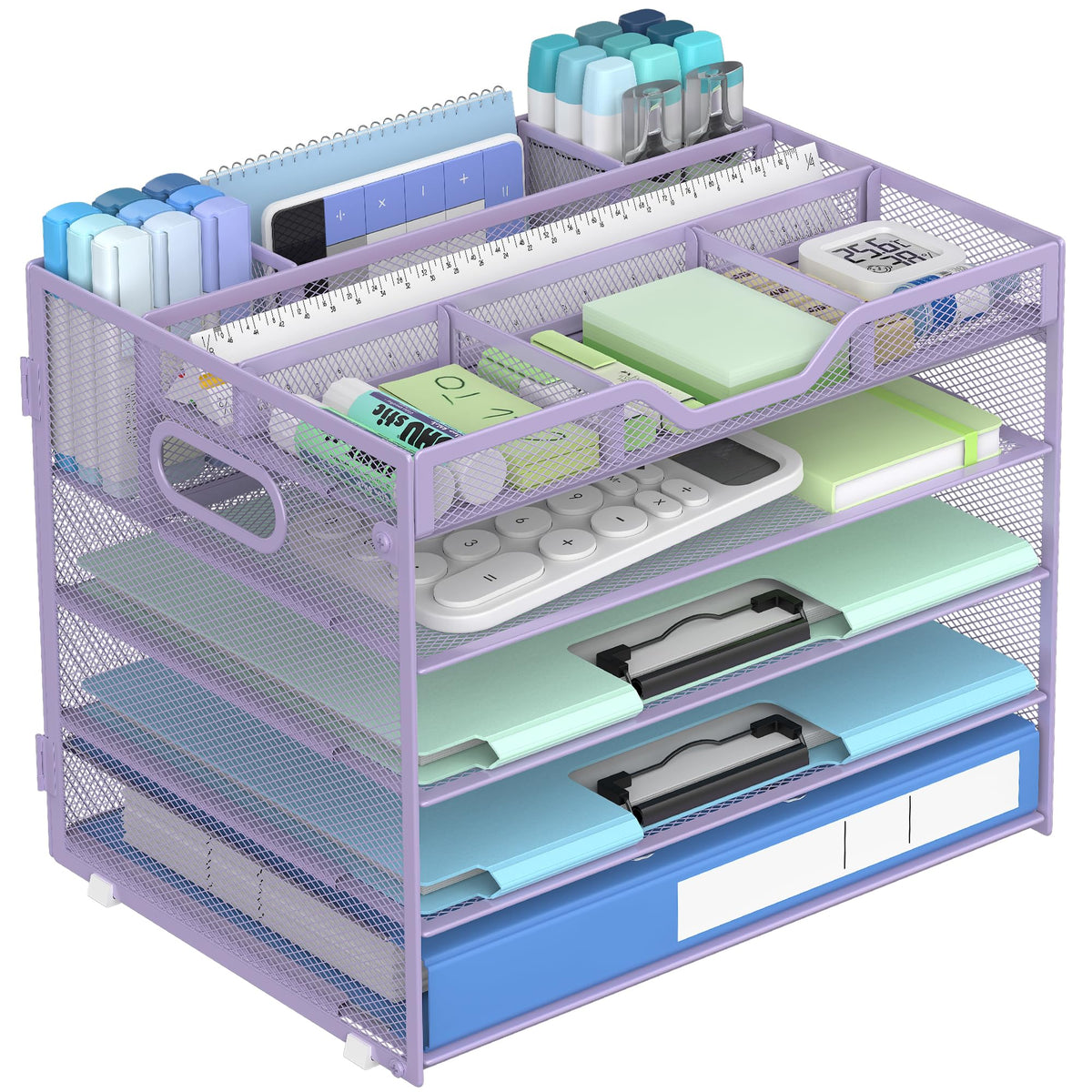 Docnest 5 Tier Mesh Desk Organizer with Removable Tray&Pen Holder, Purple