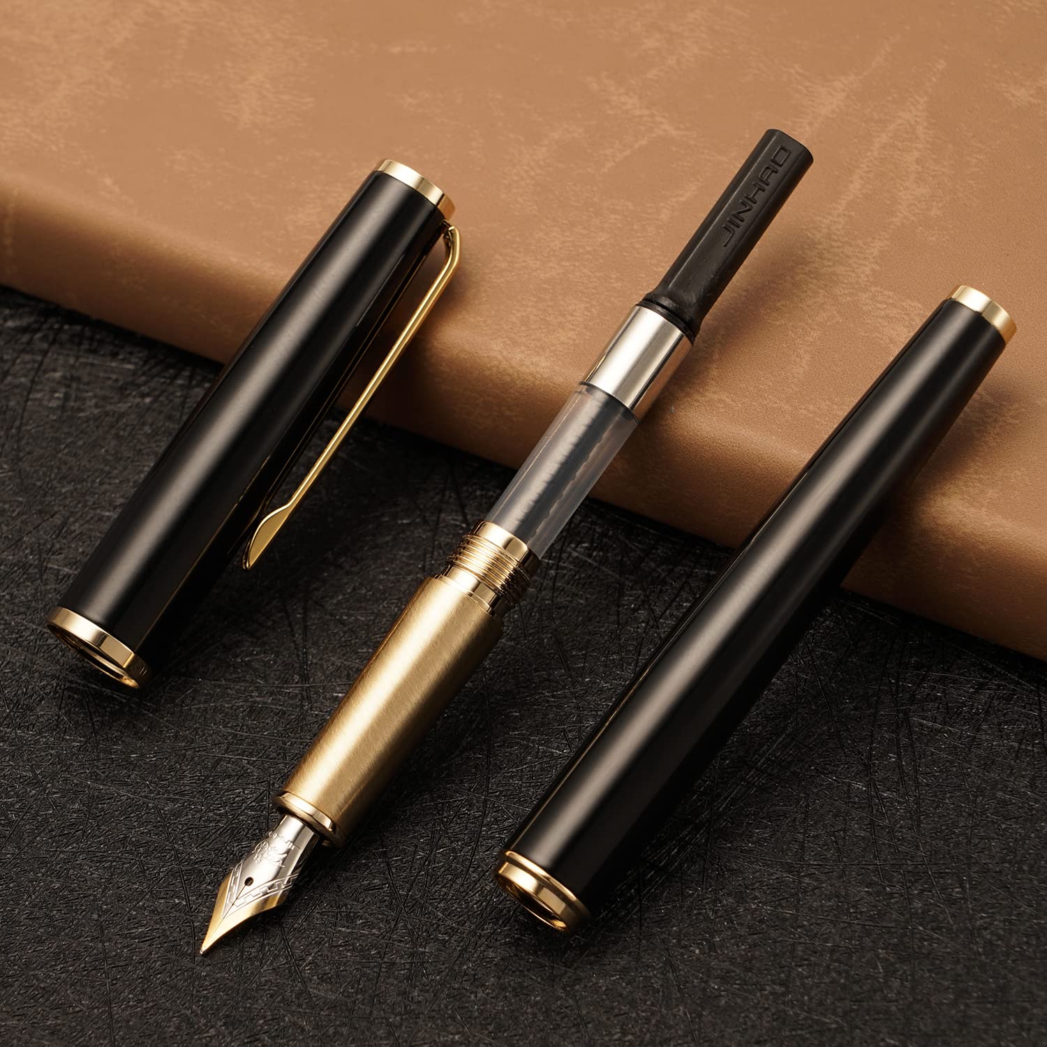 Jinhao 95 Metal Fountain Pen Fine Nib, Vivid Black with Golden Clip Writing Pen