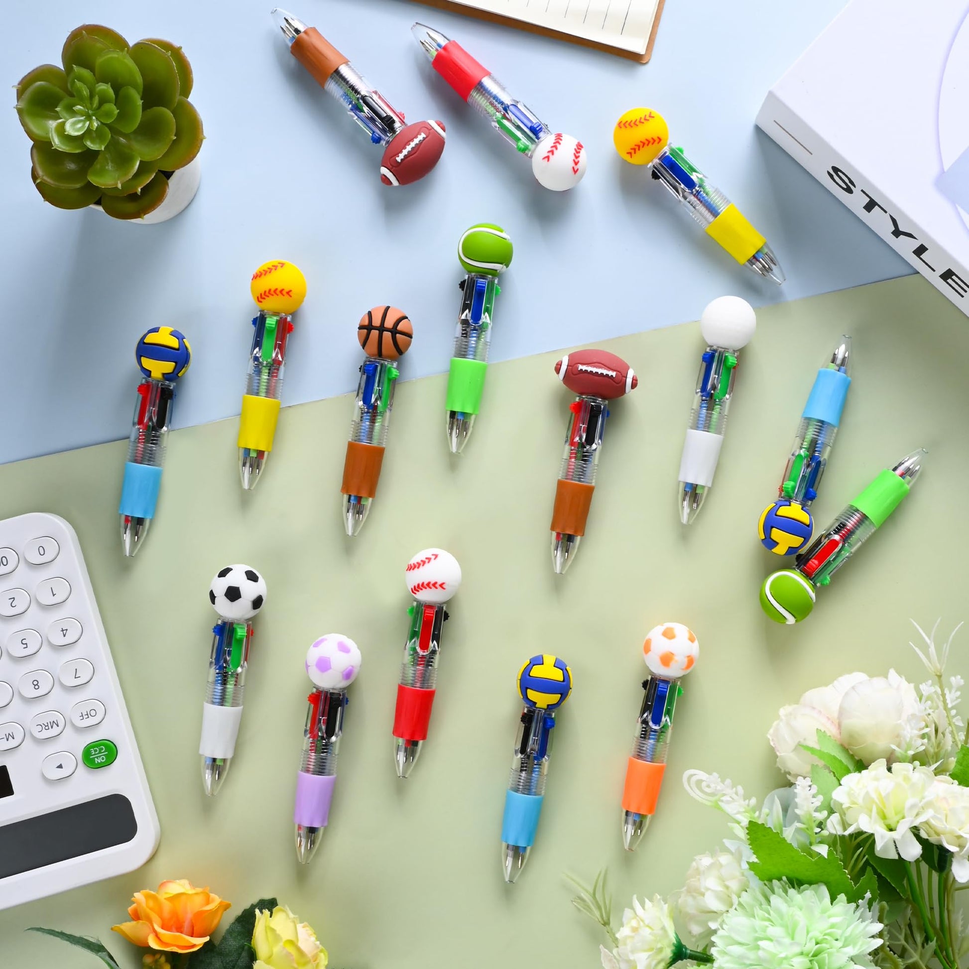 LiYiQ 50 Pcs Sports Party Favors Multicolor Pen in One Cartoon Cute Fun 4-in-1 Cute Pens Bulk
