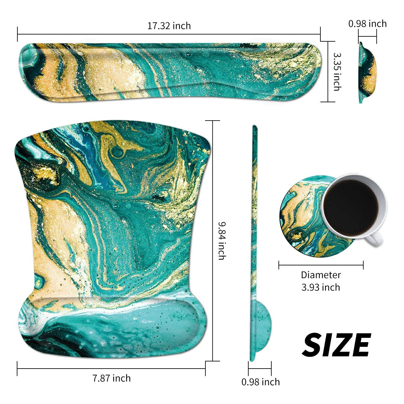 Wrist Rest for Computer Keyboard and Mouse Pad with Wrist Support Gel Teal Marble Ergonomic
