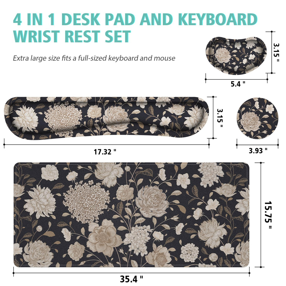 Floral Large Mouse Pad with Wrist Support Set of 4,Large Gaming Mouse Pad+Keyboard Rest+Mouse Wrist