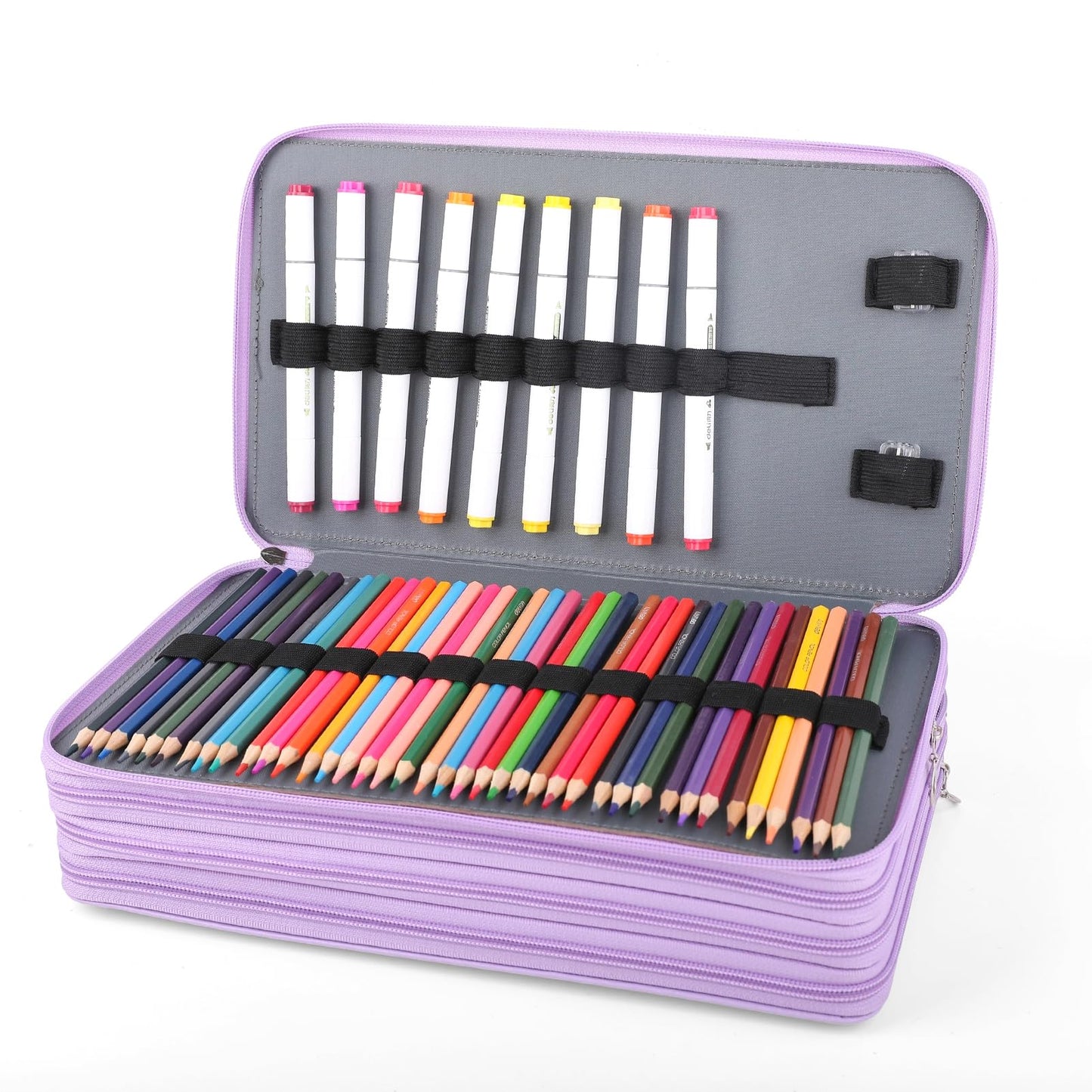 Vomgomfom 300 Slots Marker Case 4-Layer PU Leather, Handle, Purple