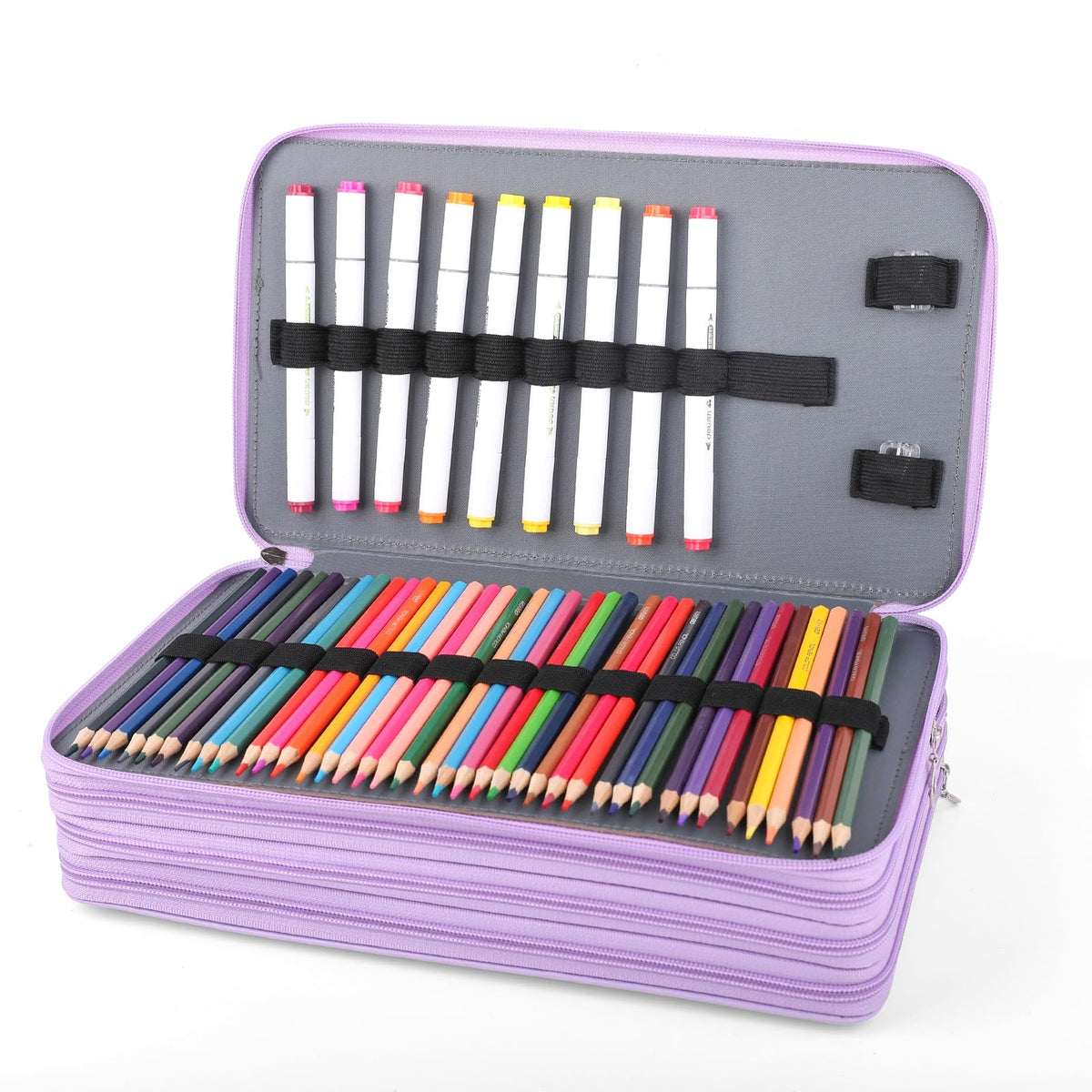 Vomgomfom 300 Slots Marker Case 4-Layer PU Leather, Handle, Purple