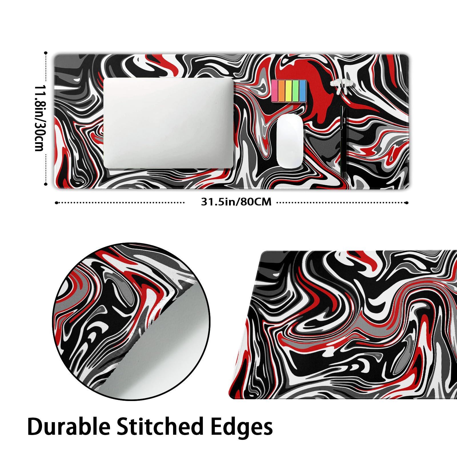 aportt Black Red Swirl Gaming Mouse Pad XL Gray Marble Grey Fluid Design Extended Large Mat
