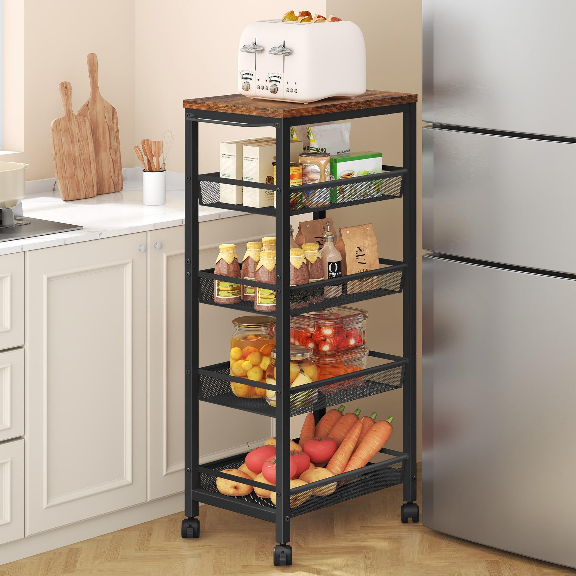 Hoctieon Rolling Storage Cart, 5-Tier 11.8" Wide Panel Kitchen Storage Cart, Utility Carts with