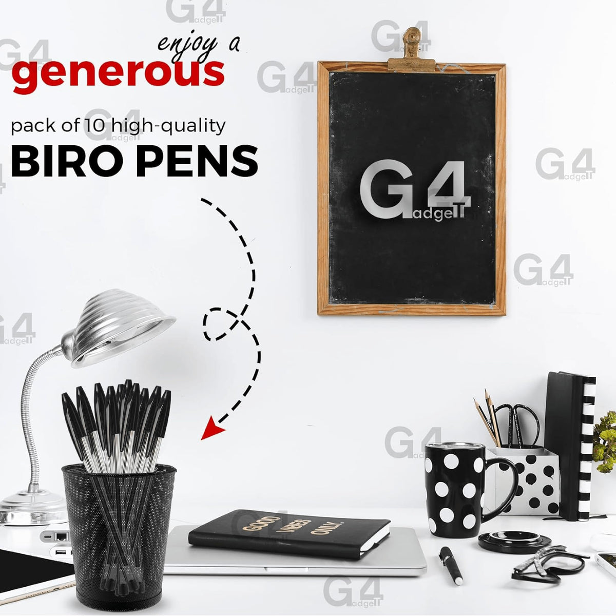 G4GADGET Premium Pack of 10 Black Biro Ballpoint Pens - Medium Tip for Fluent, Smooth Writing