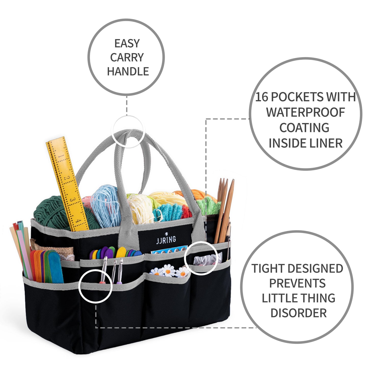 JJRING 600D Nylon Craft & Art Organizer Tote Bag With Pockets, Silver