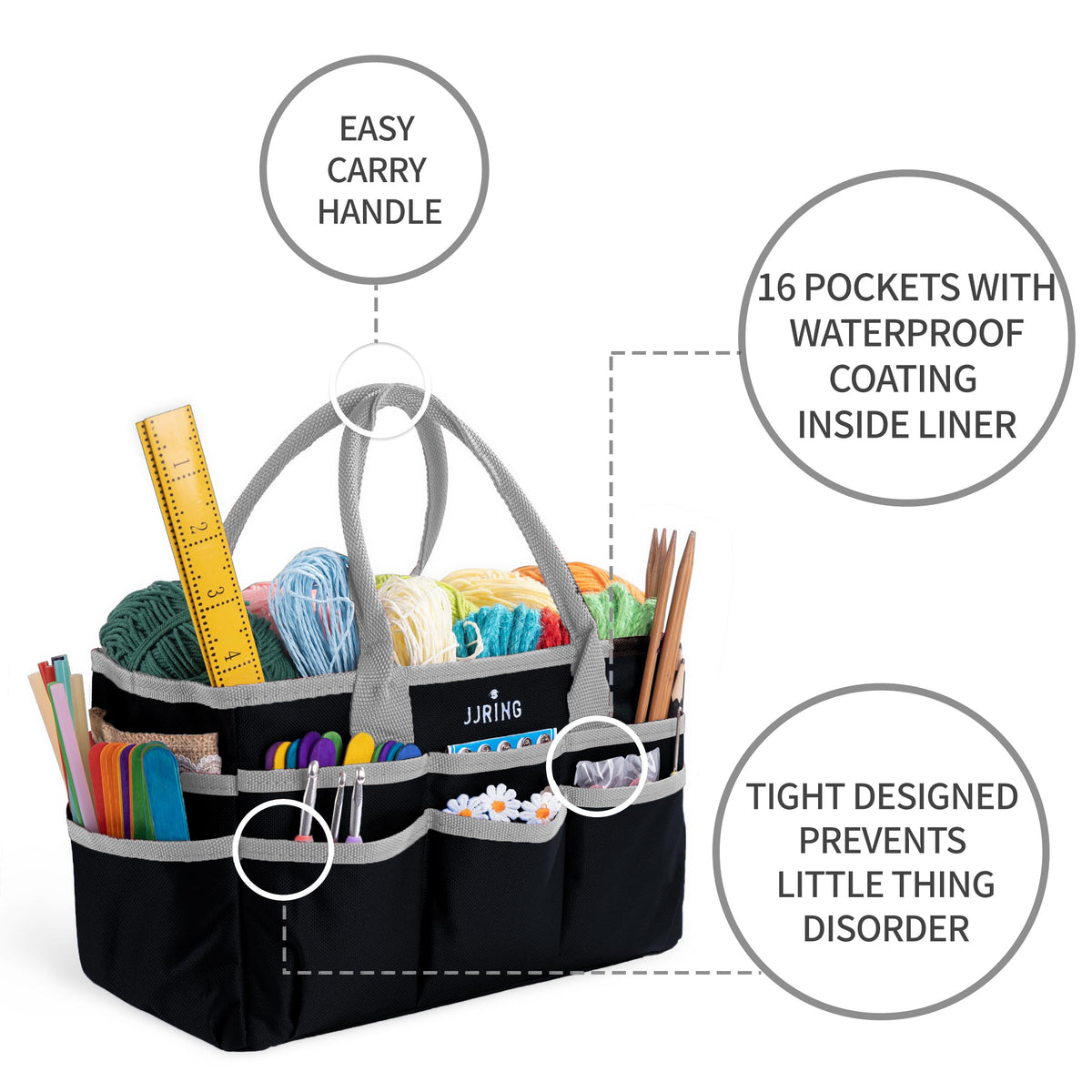 JJRING 600D Nylon Craft & Art Organizer Tote Bag With Pockets, Silver