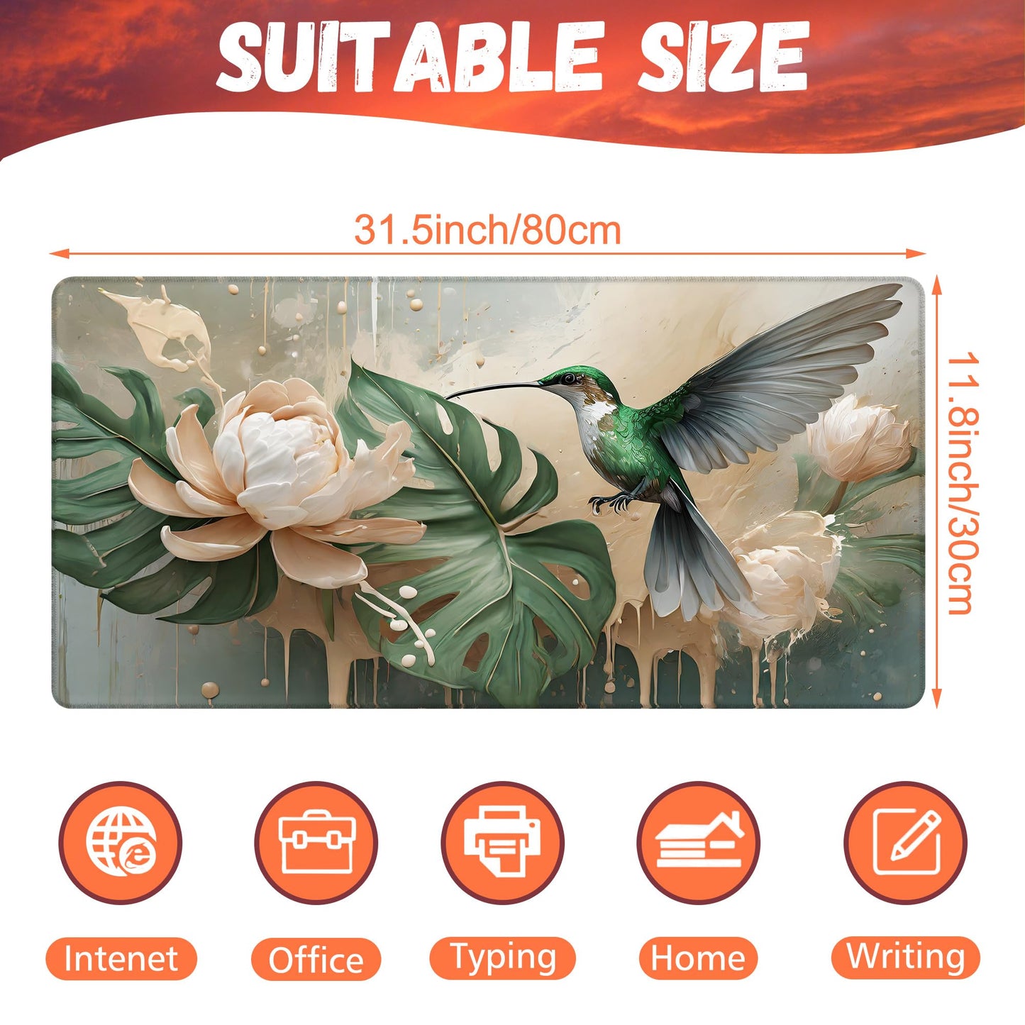 KOAIWPAE Desk Pad, Elegant Hummingbird Desk Mat, Oil Painting Flowers and Leaves Large Gaming Mouse