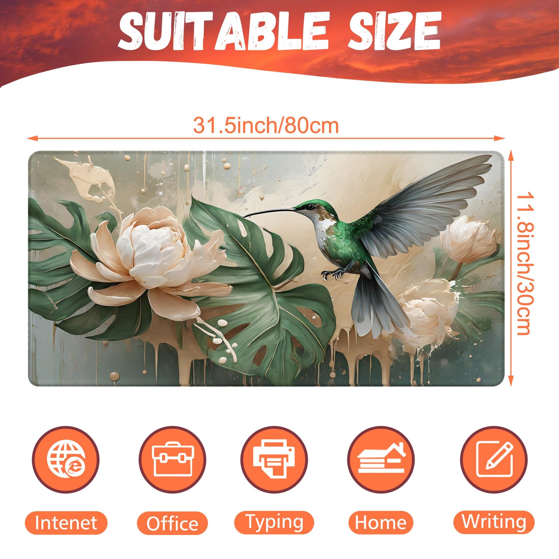 KOAIWPAE Desk Pad, Elegant Hummingbird Desk Mat, Oil Painting Flowers and Leaves Large Gaming Mouse