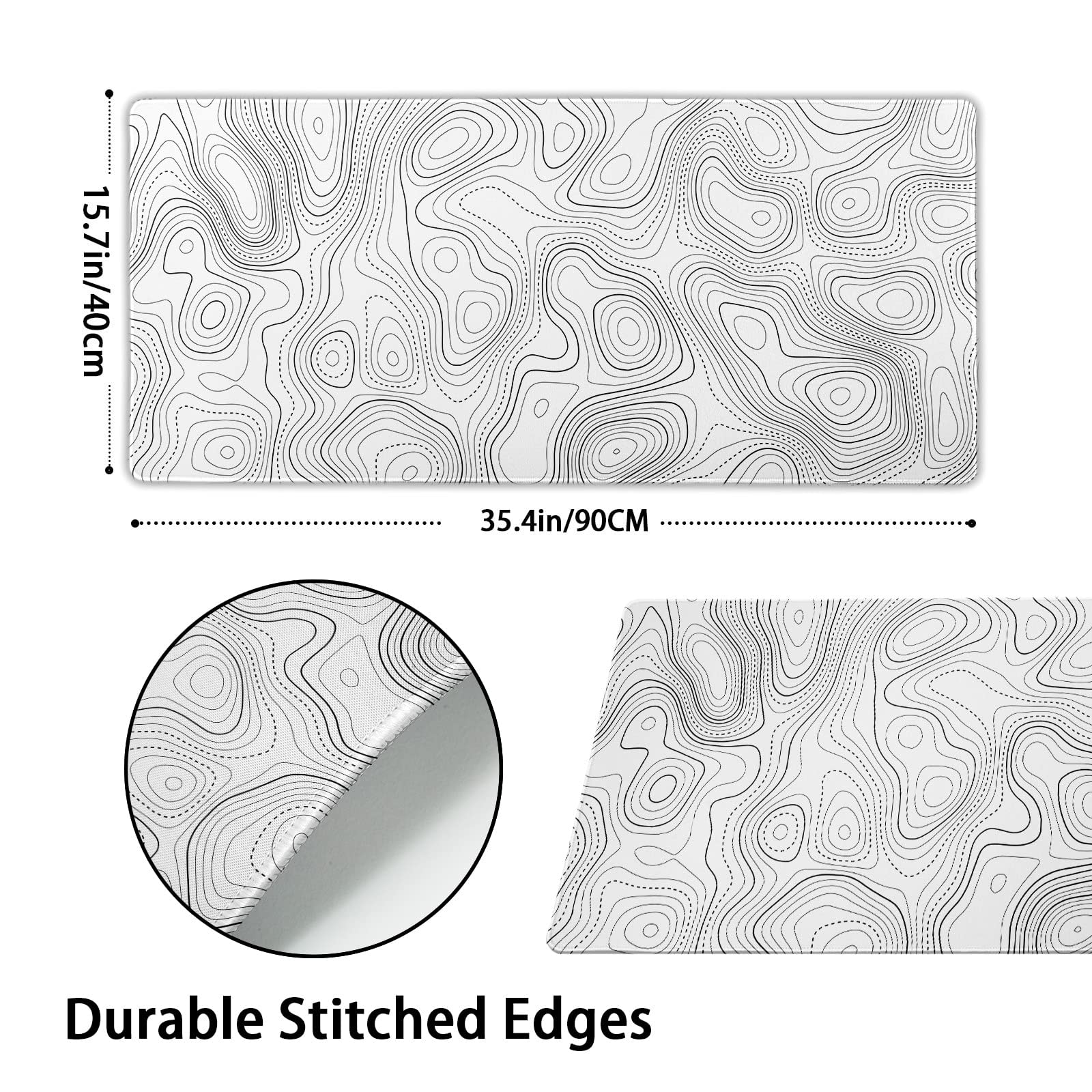 Topographic Contour White Gaming Mouse Pad XXL Geographic Map Lines Extended Big Large Desk Mat