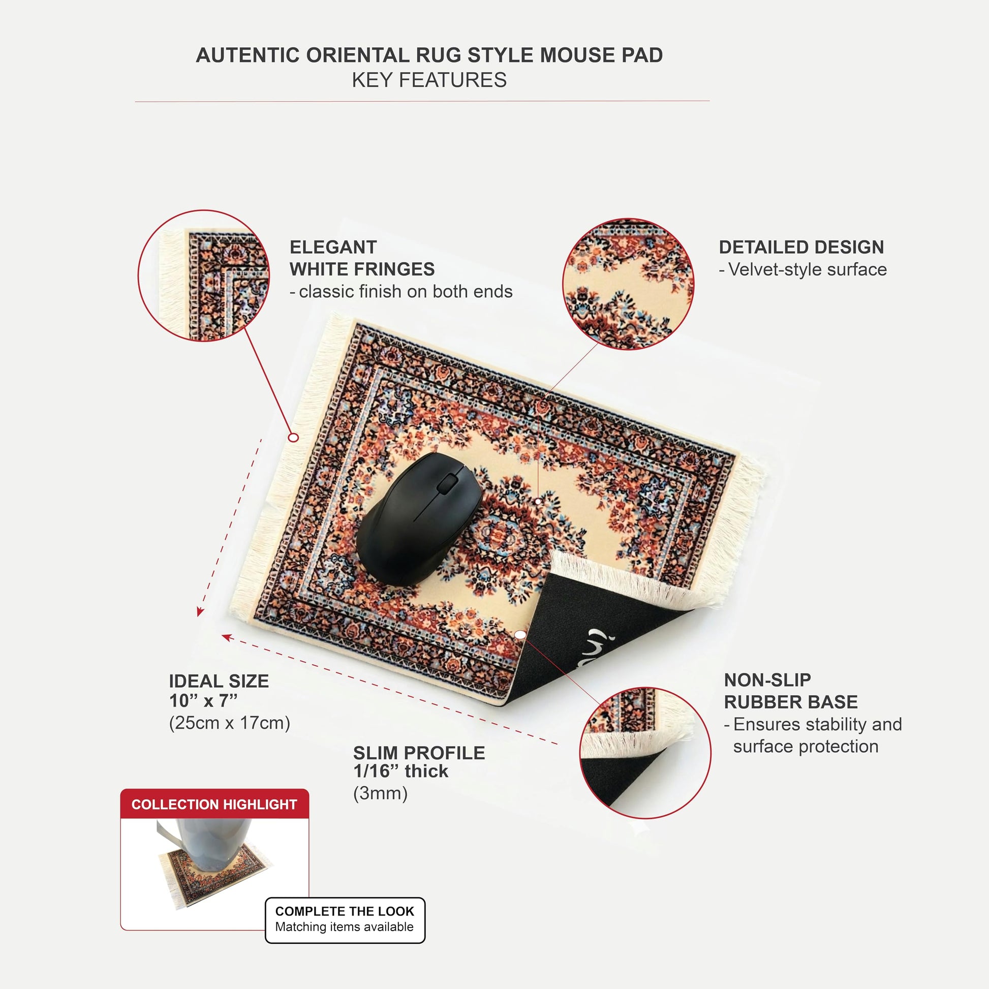 2-Pack Oriental Rug Mouse Pads – Mini Carpet Style Mousepads with Fringe, Non-Slip Rubber Base