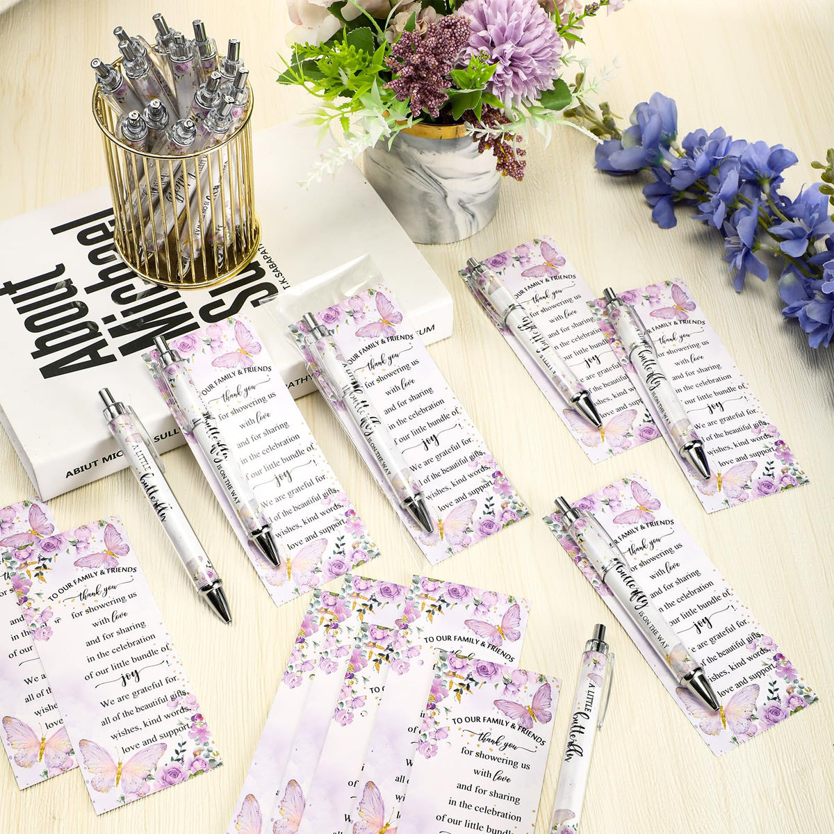 Dinifee 36 Sets Butterfly Baby Shower Favor, Purple Pen with Greeting Cards