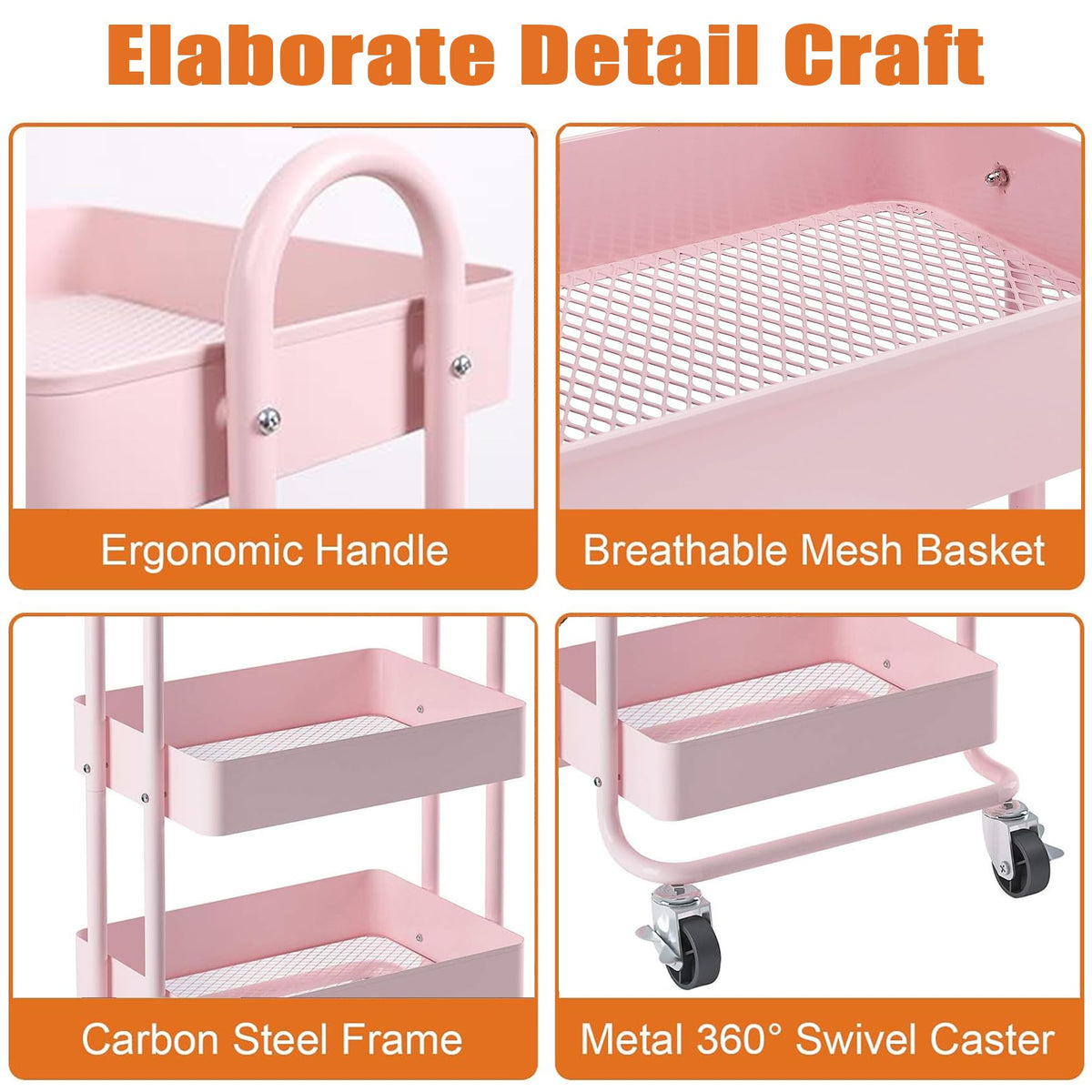 Elitehouse 4 Tier Metal Rolling Cart Pink Utility Cart with Wheels,Rolling Pink Cart for