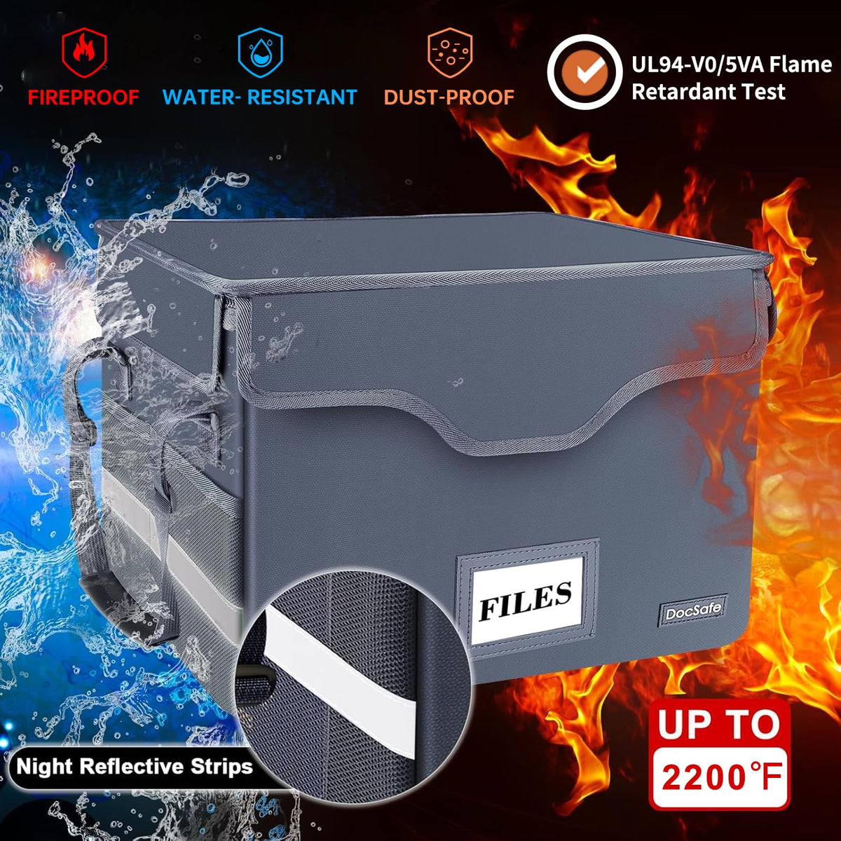 DocSafe Fireproof Document Box with Lock,File Storage Organizer with Zipper Pockets,Collapsible