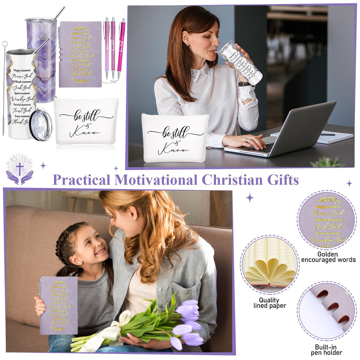 Domensi 6 Pcs Christian Gifts Set, 20 oz Tumbler Notepad Pens, Purple