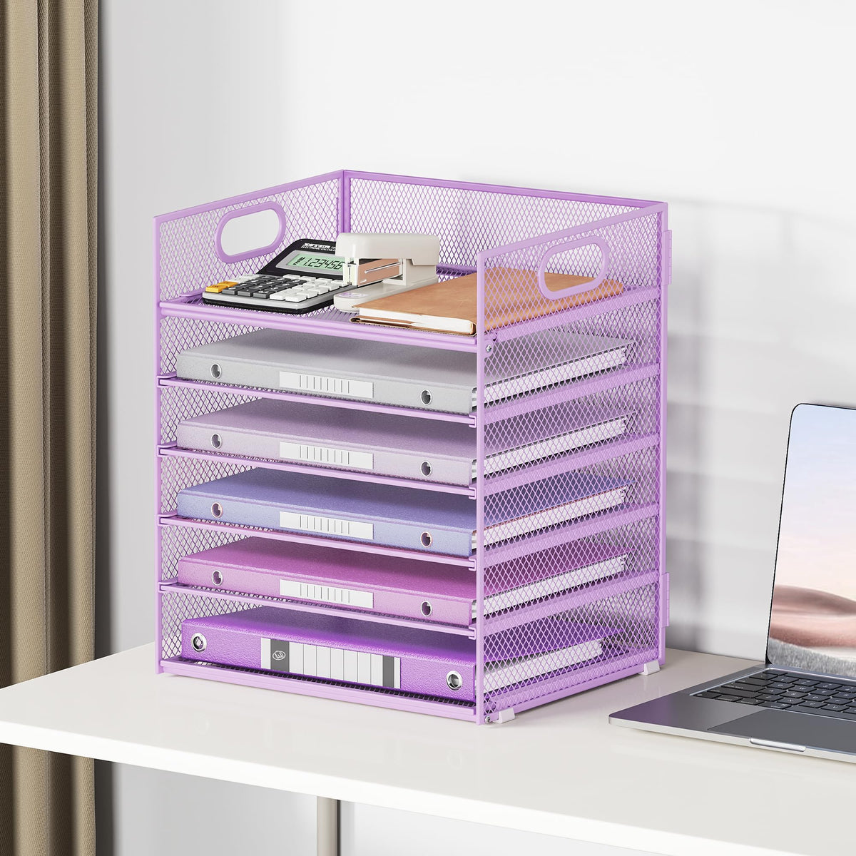 6 Tiers Letter Tray Paper Organizer with Handle, Mesh Desk File Organizer, Metal Desktop Document