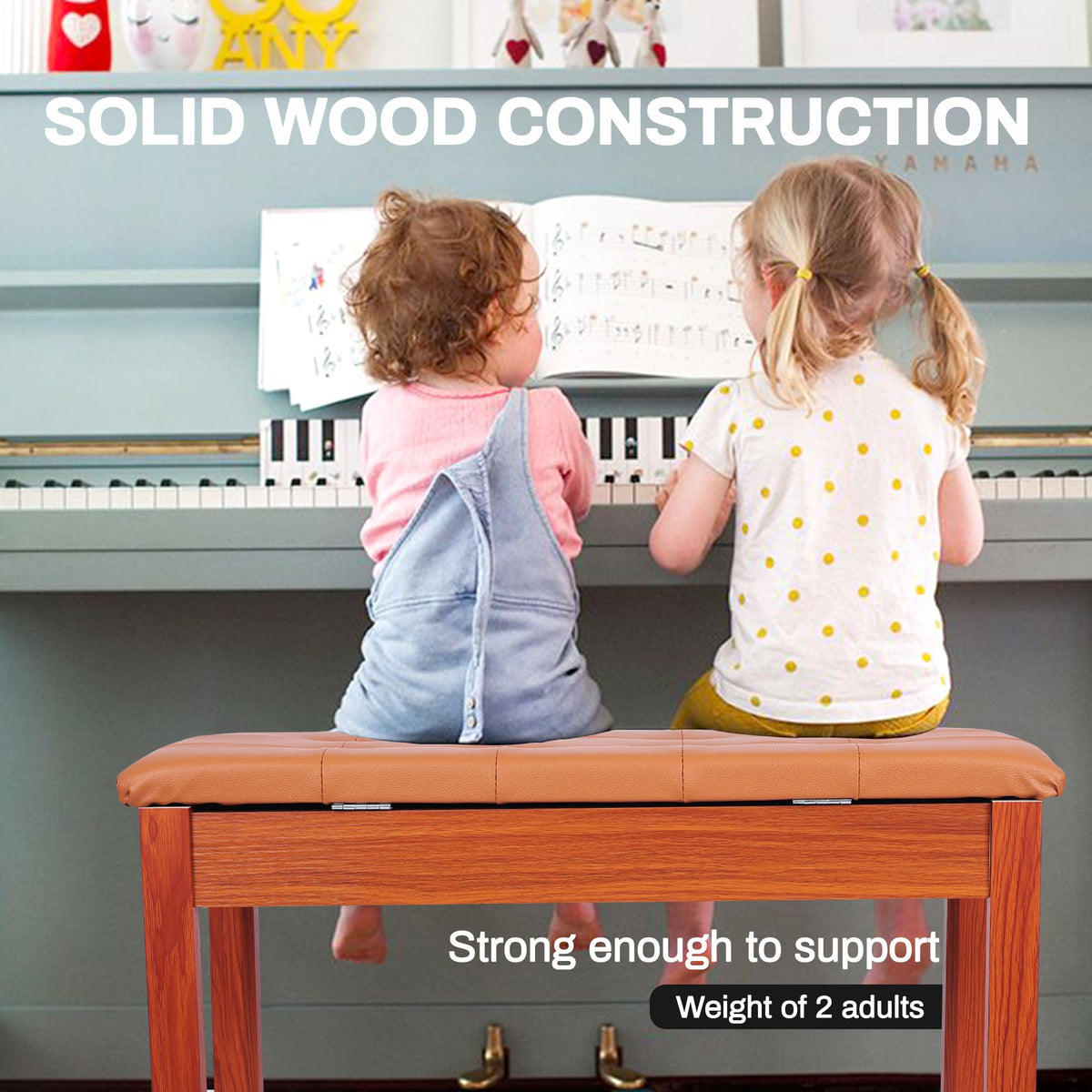 Wooden Duet Piano Bench with Padded Cushion and Storage Compartment, Brown