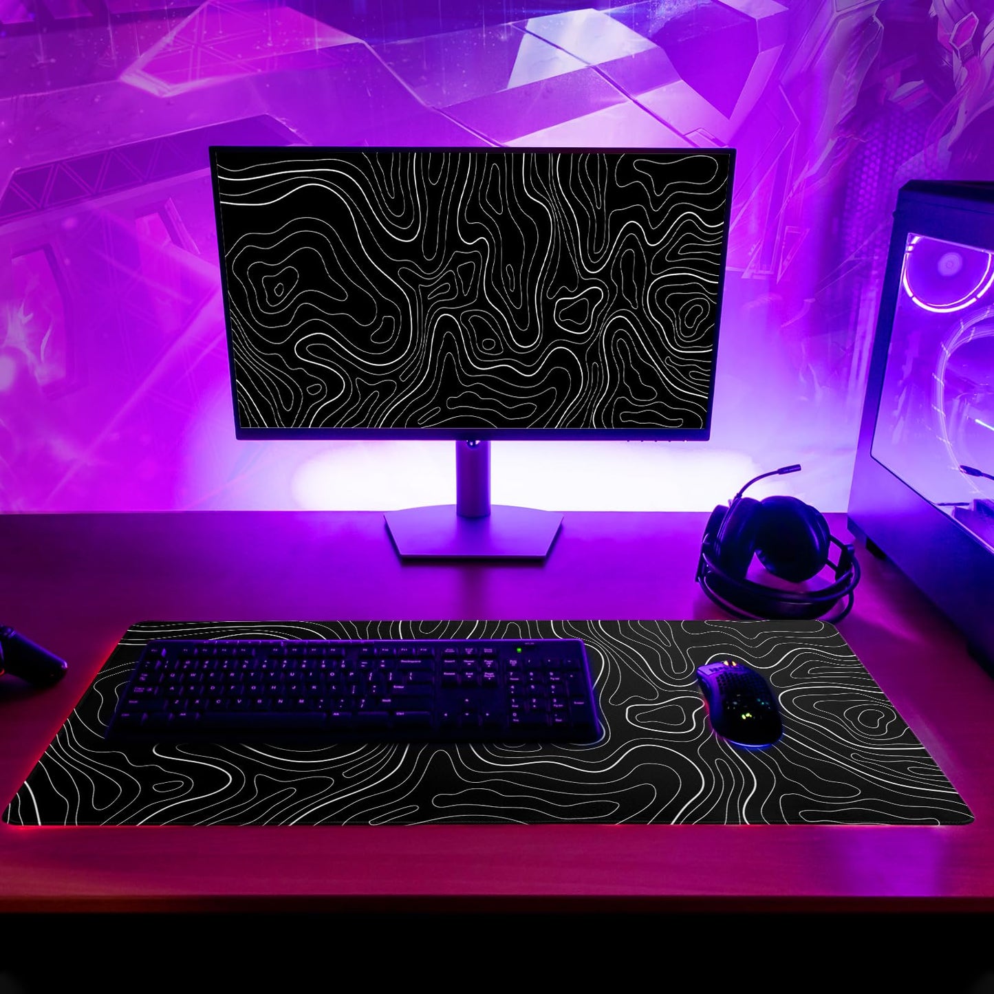 Topographic Contour Black Gaming Mouse Pad XL Geographic Map Lines Extended Big Large Desk Mat
