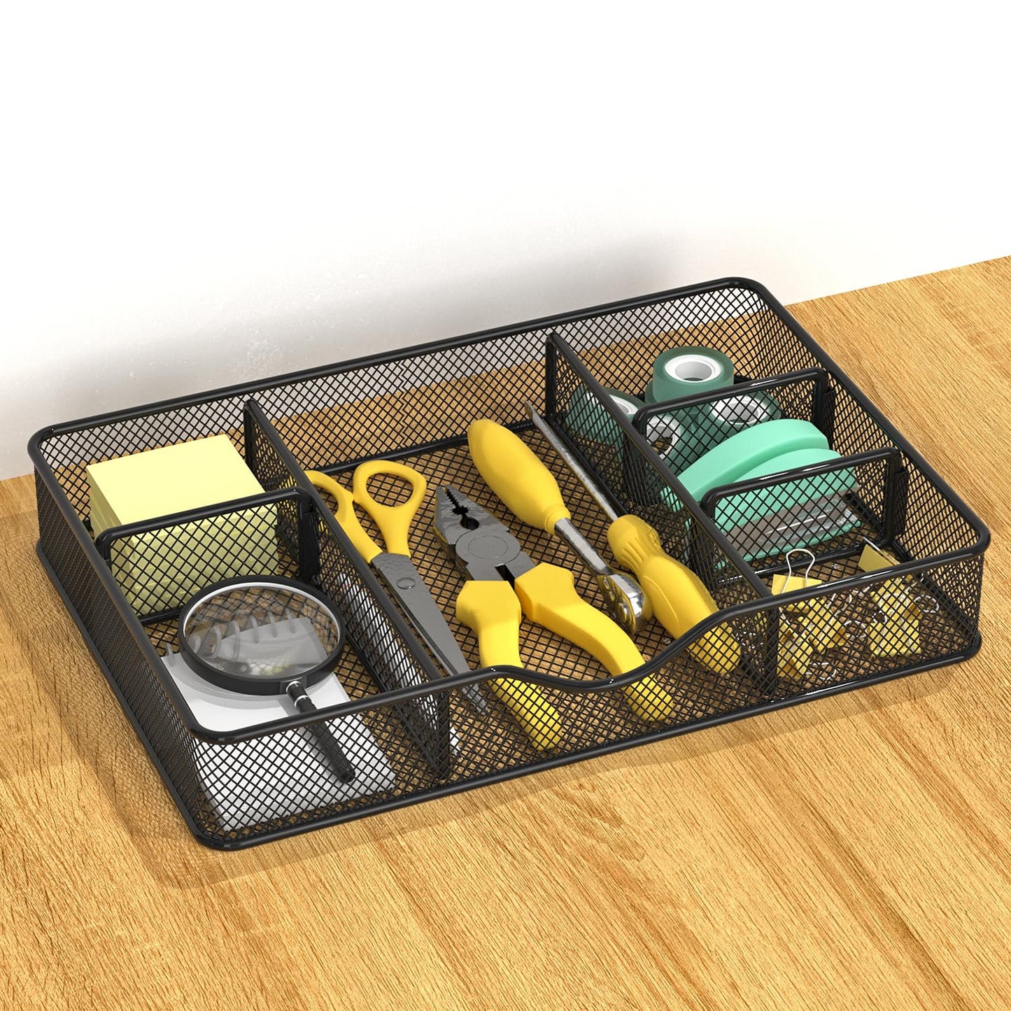 VyGrow Desk Drawer Organizer Tray, Metal Mesh Drawer Organizers Office, 6 Adjustable Compartment