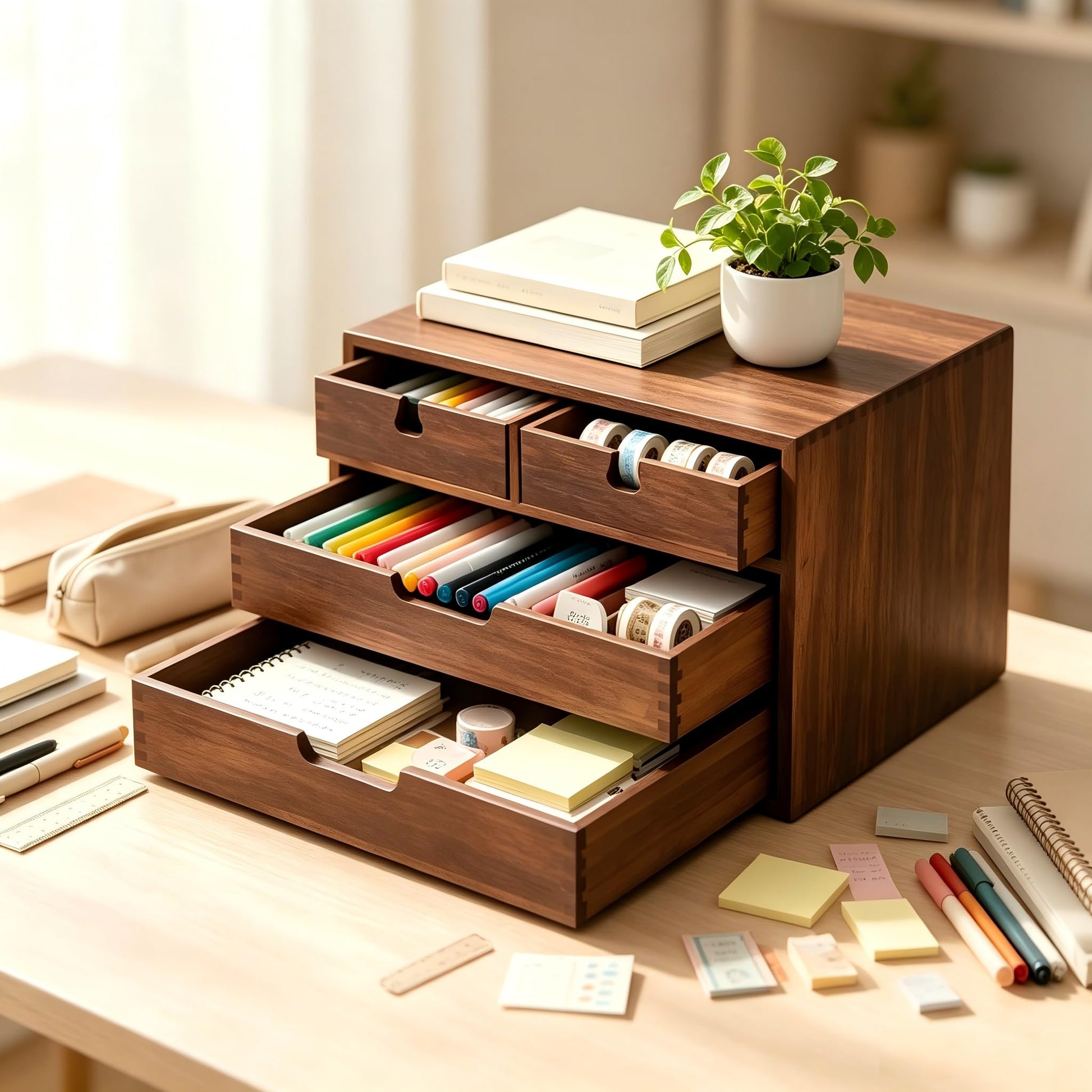 DEAYOU Bamboo Desk Organizer, 100% Natural Bamboo Desktop Drawer Organizer, Dark Brown Tabletop