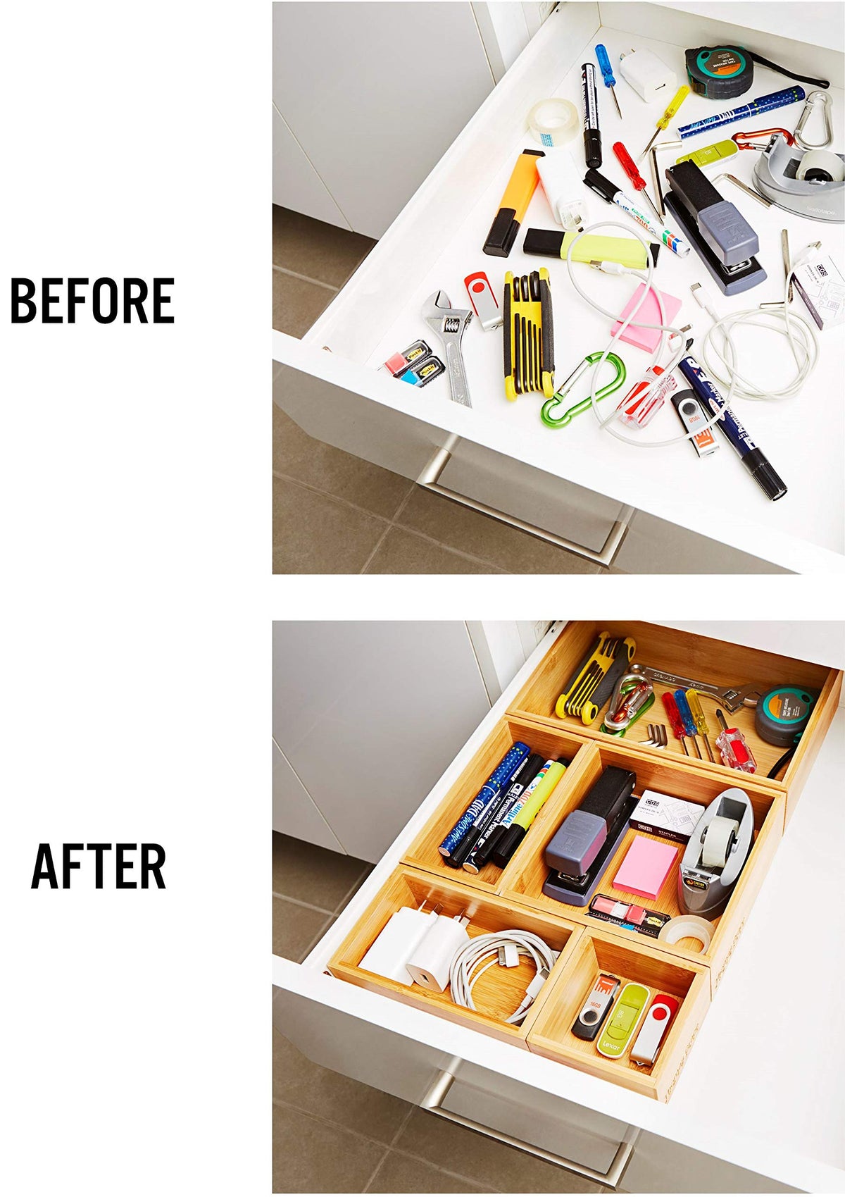 Bamboo Drawer Organizer and Storage Set, Multi-use Set of 5 Storage Trays, Wood Boxes of various