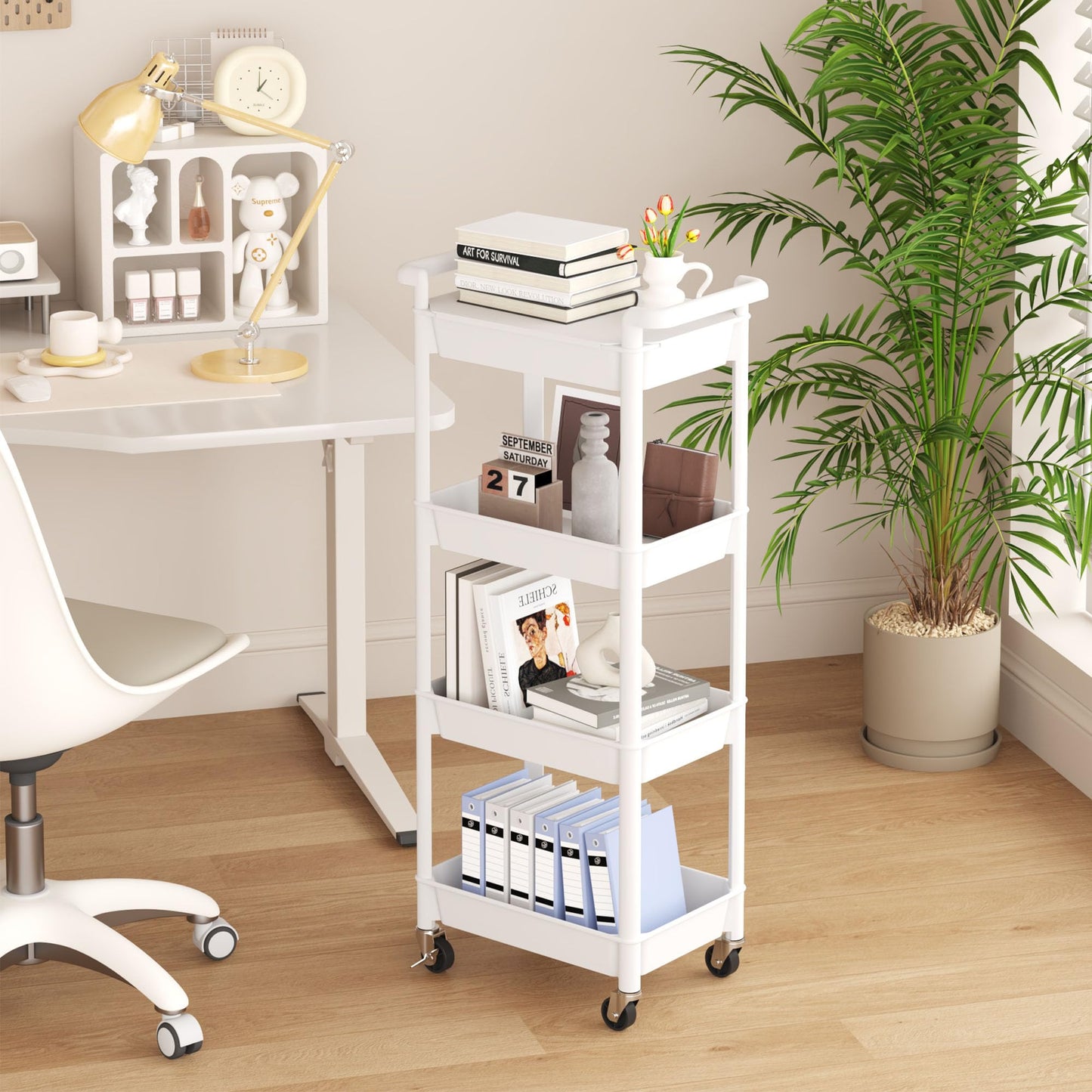 MIOCASA Utility Rolling Cart with Detachable Tray Top, 4-Tier Kitchen Storage Organization, Art