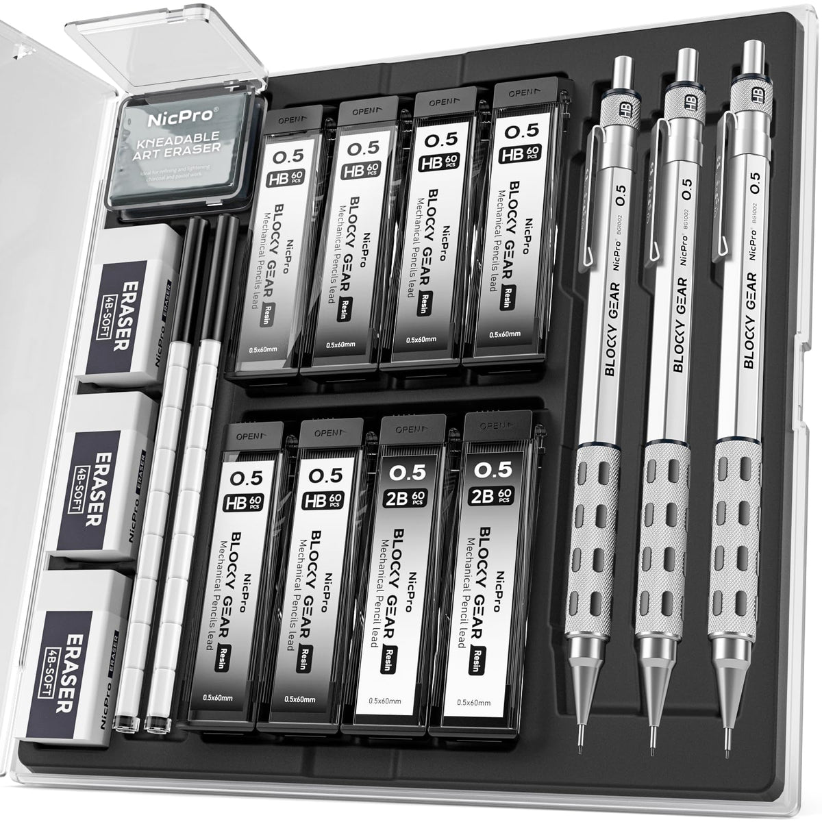 Nicpro 3 Pack Blocky Gear 0.5 mm Metal Mechanical Pencils Set with Case