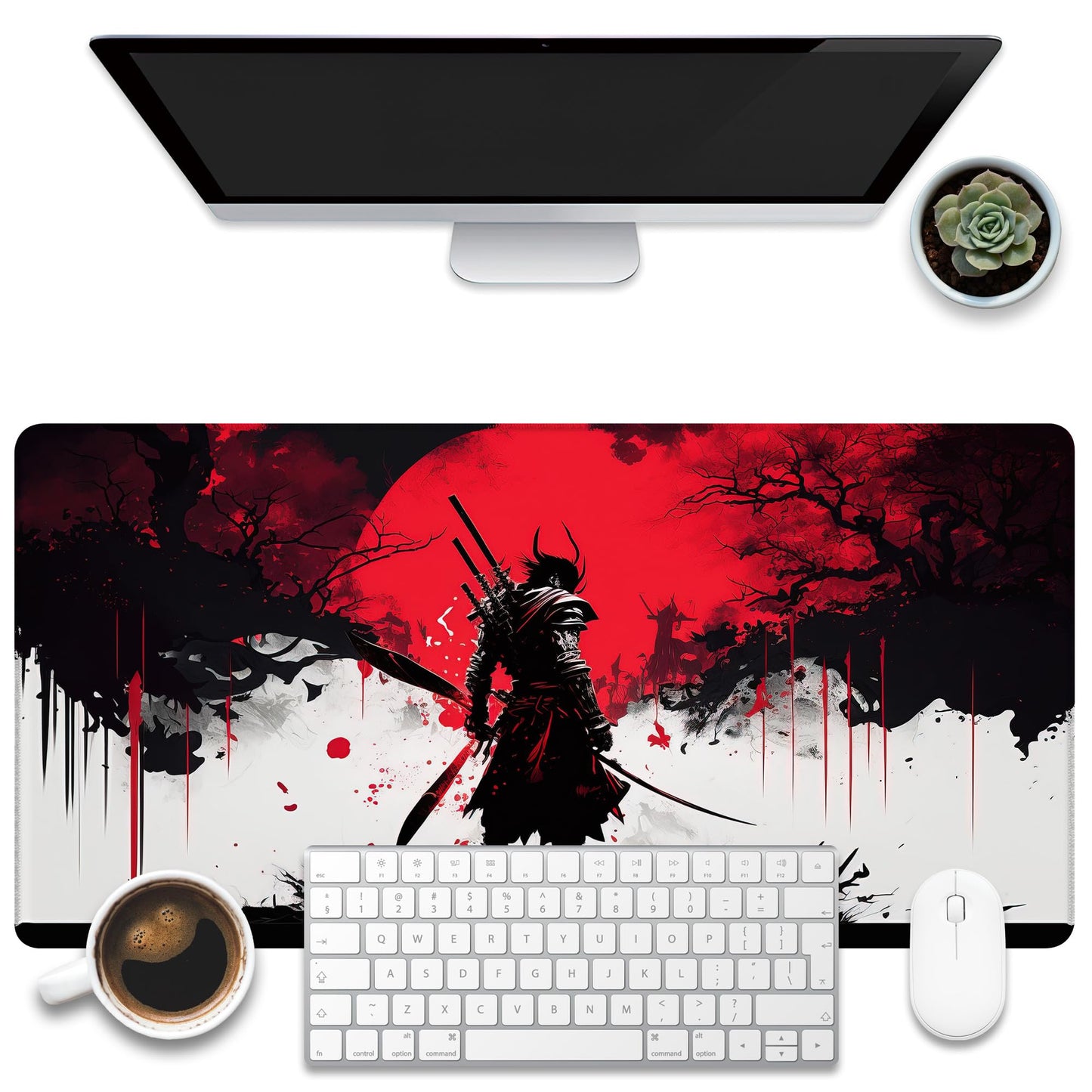 KOAIWPAE Large Gaming Mouse Pad, Cool Japanese Samurai Desk Mat, Red and White Samurai Desk Pad