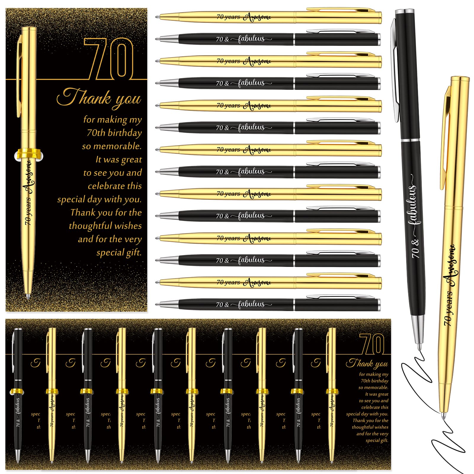 Feifeiya 50 Sets 70th Birthday Party Favors with Black Gold Pens Thank Card