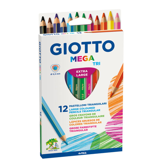 GIOTTO Mega-Tri Chunky Colouring Pencils, 12 Assorted Colours, Ideal for Children, Parties and